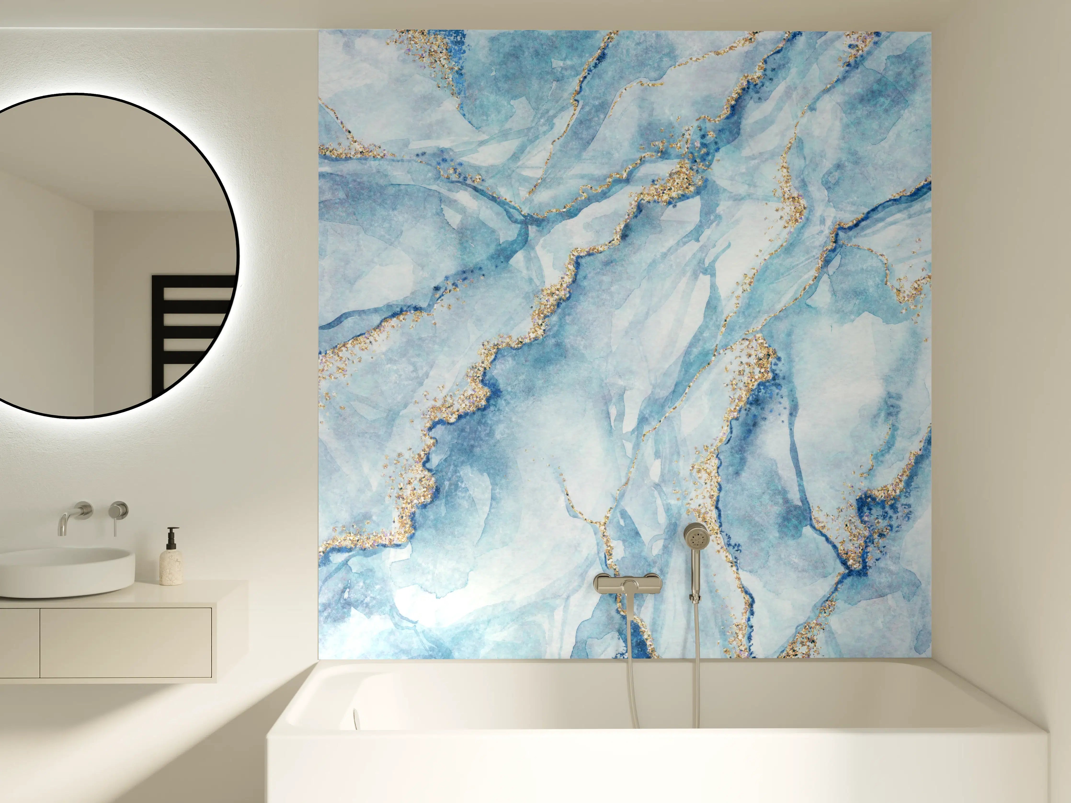 Badewannen-Rückwand - Luxuriöse blaue Marmor-Textur mit goldenen Akzenten