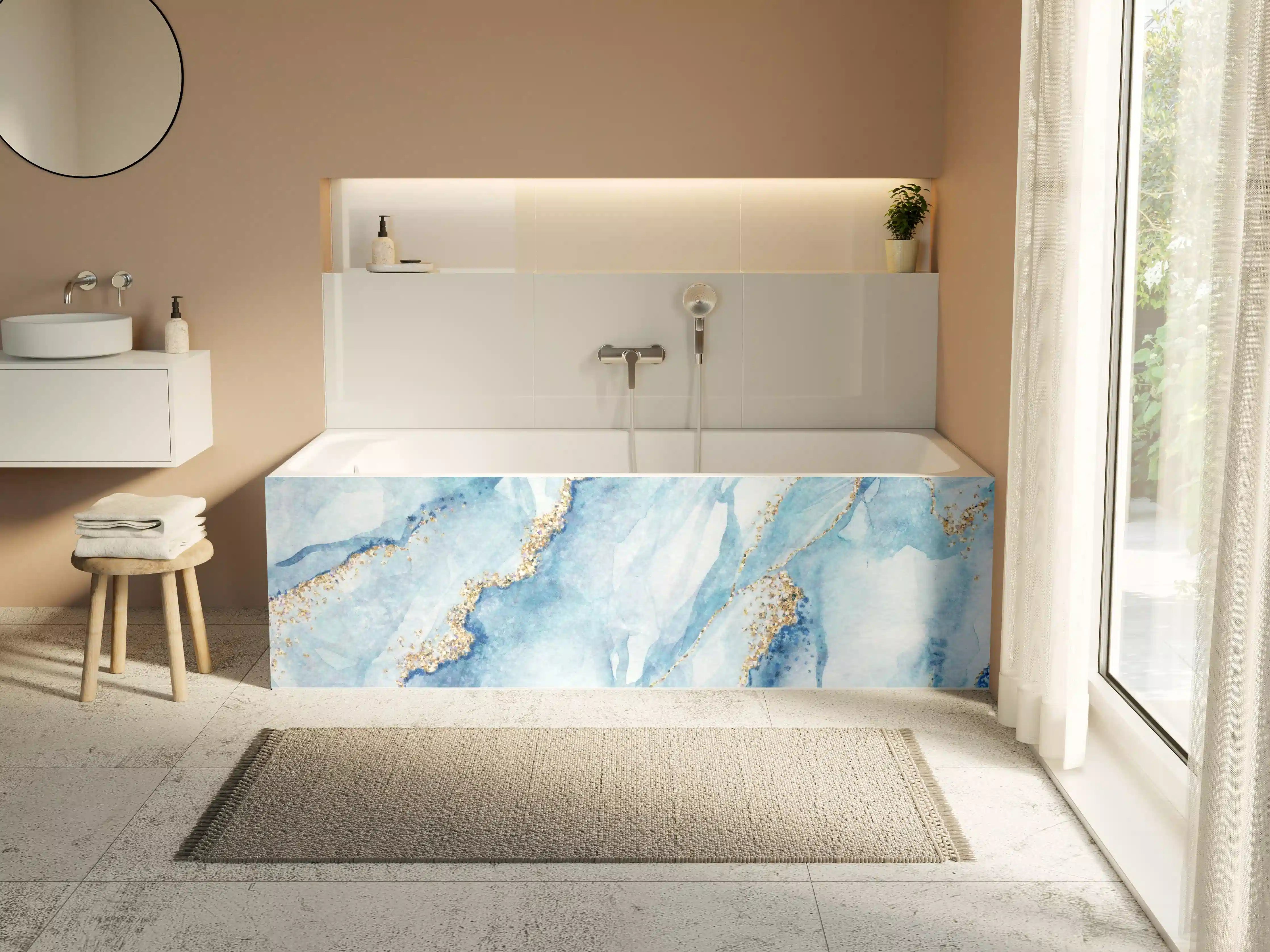 Badewannen-Rückwand - Luxuriöse blaue Marmor-Textur mit goldenen Akzenten