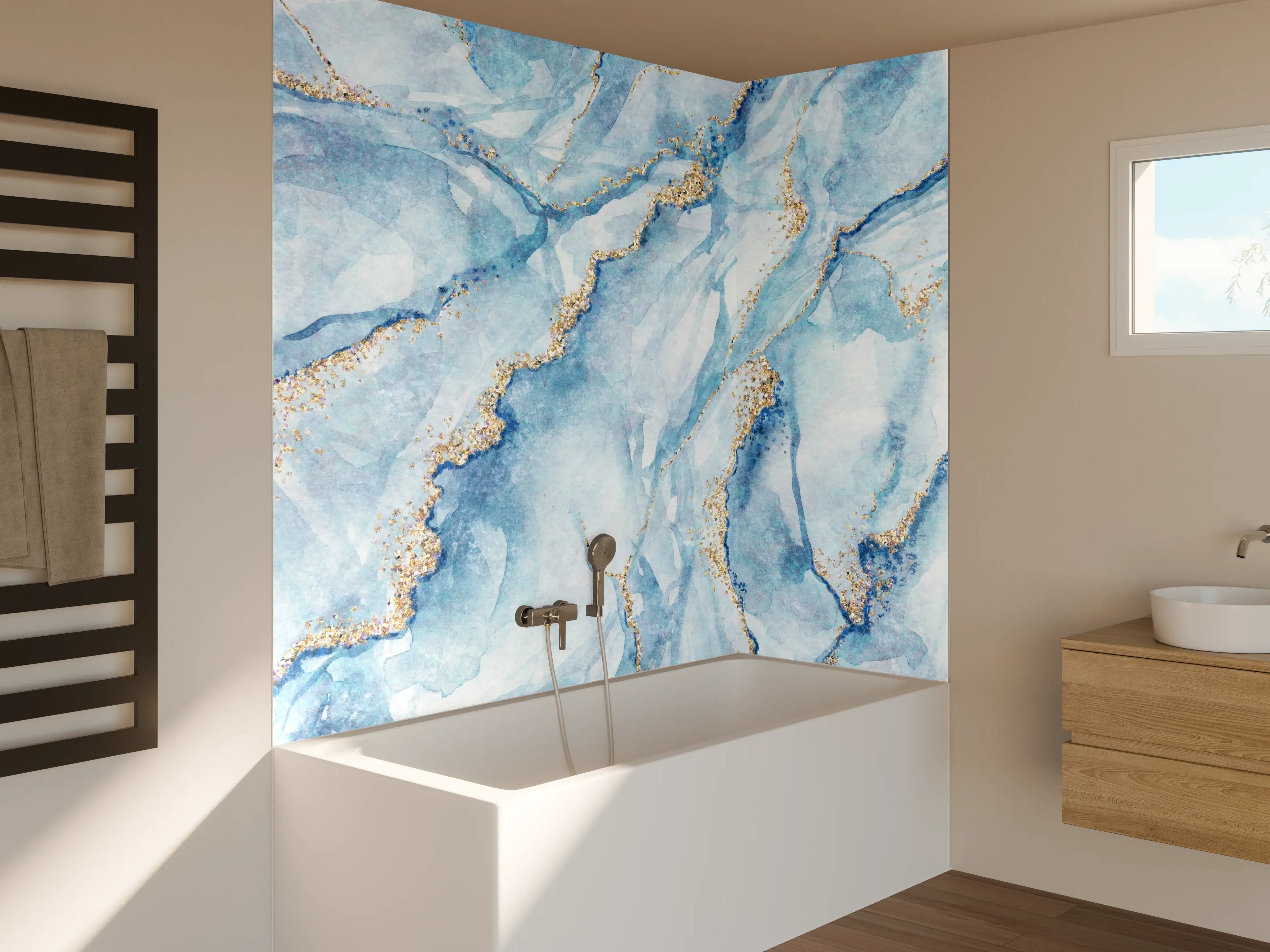 Badewannen-Rückwand - Luxuriöse blaue Marmor-Textur mit goldenen Akzenten
