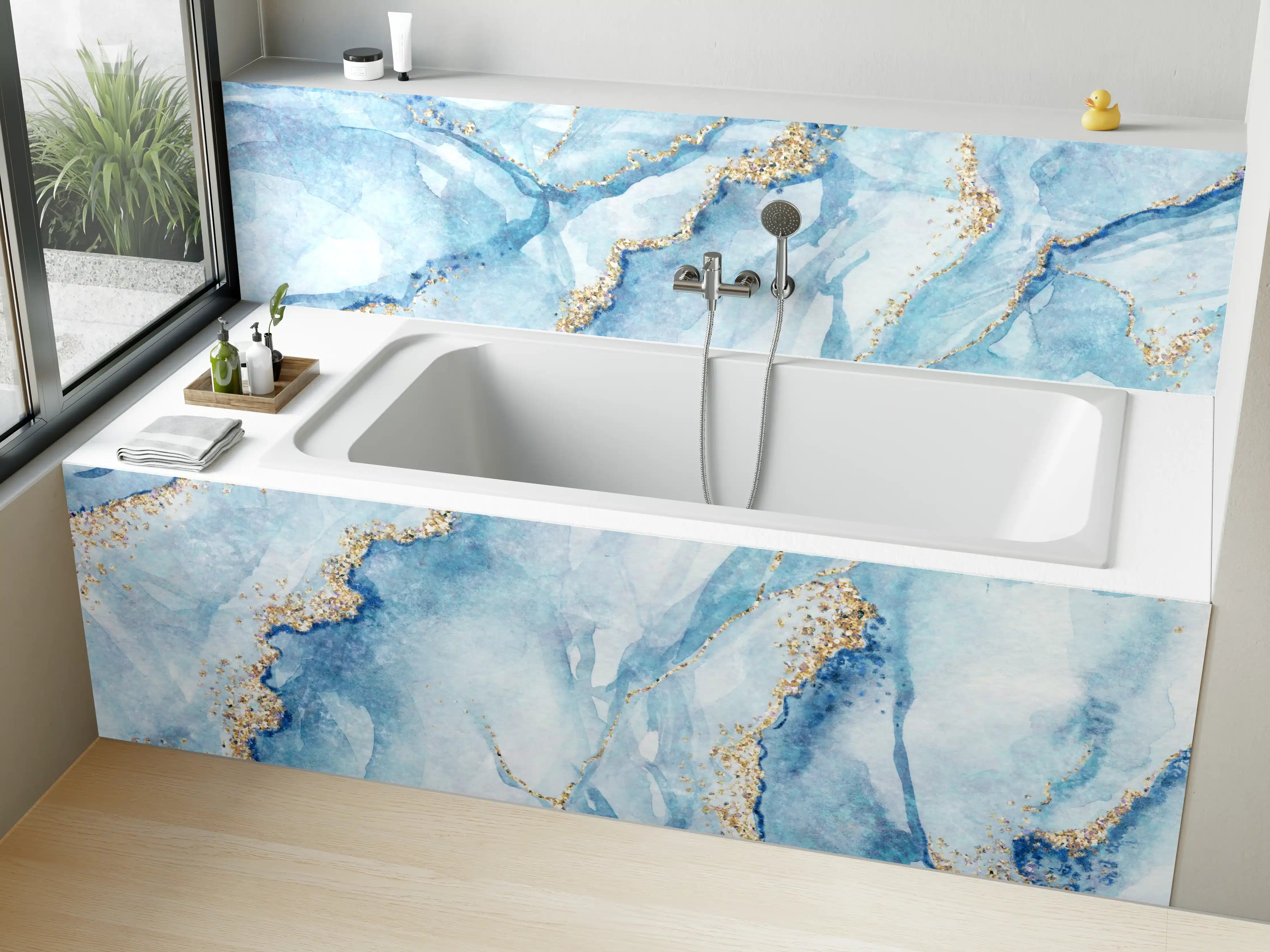 Badewannen-Rückwand - Luxuriöse blaue Marmor-Textur mit goldenen Akzenten