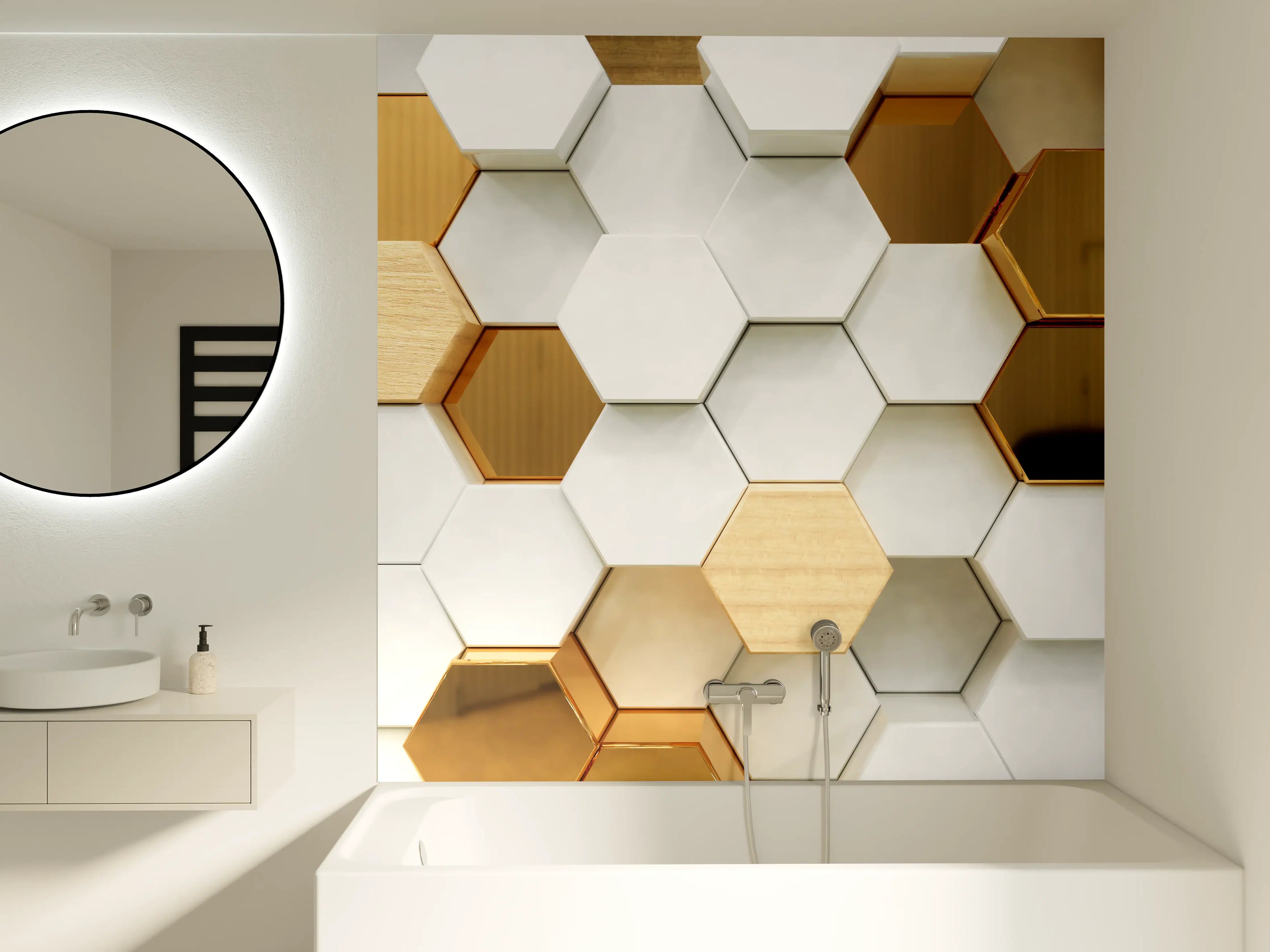 Badewannen-Rückwand - Luxuriöser Weiß-Gold-Hexagon-Hintergrund