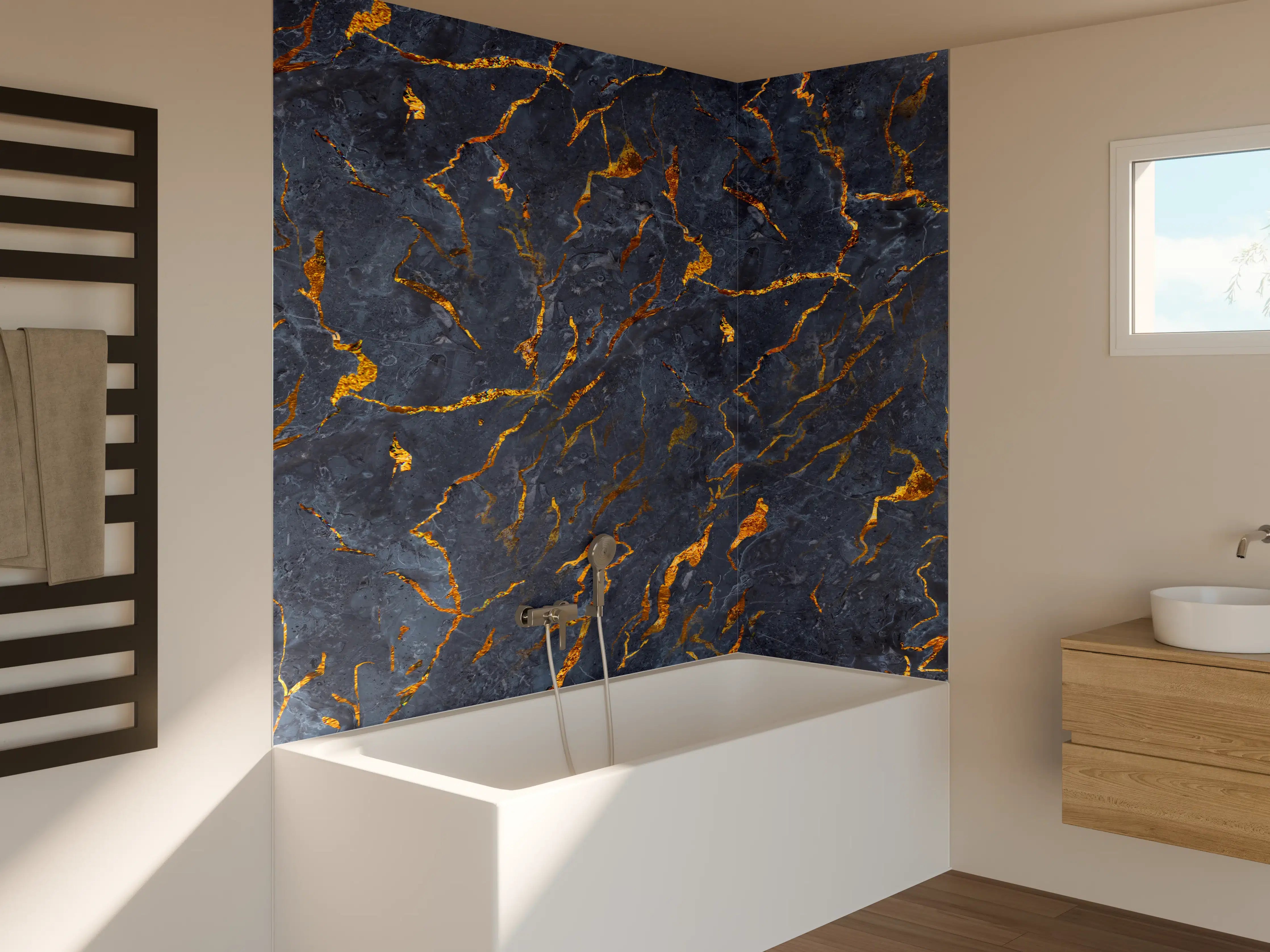 Badewannen-Rückwand - Luxus-Marmor-Optik mit dunklem Blau und Goldstreifen