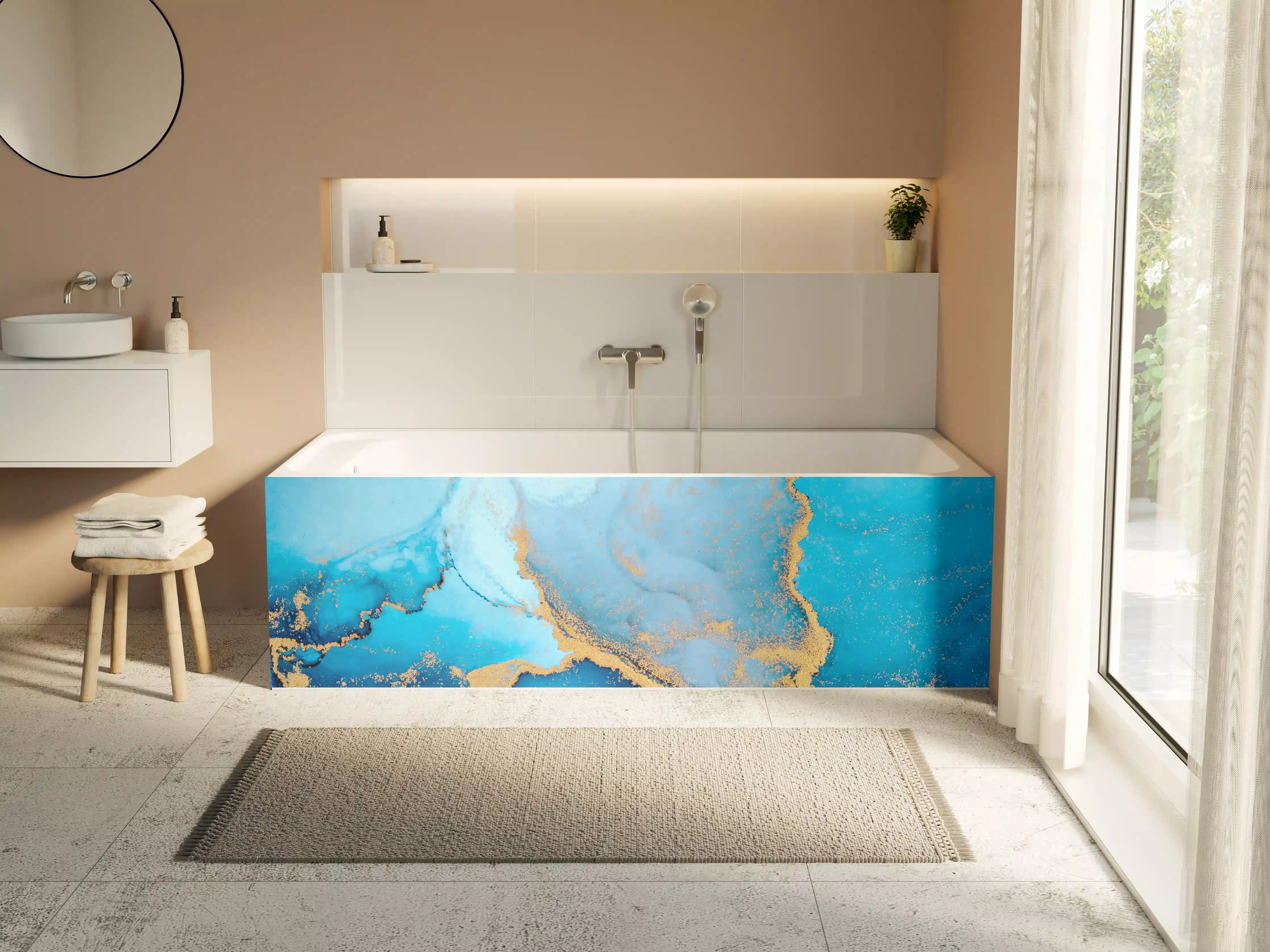 Badewannen-Rückwand - Luxus blau mit goldenem Stich - Tintenmalerei