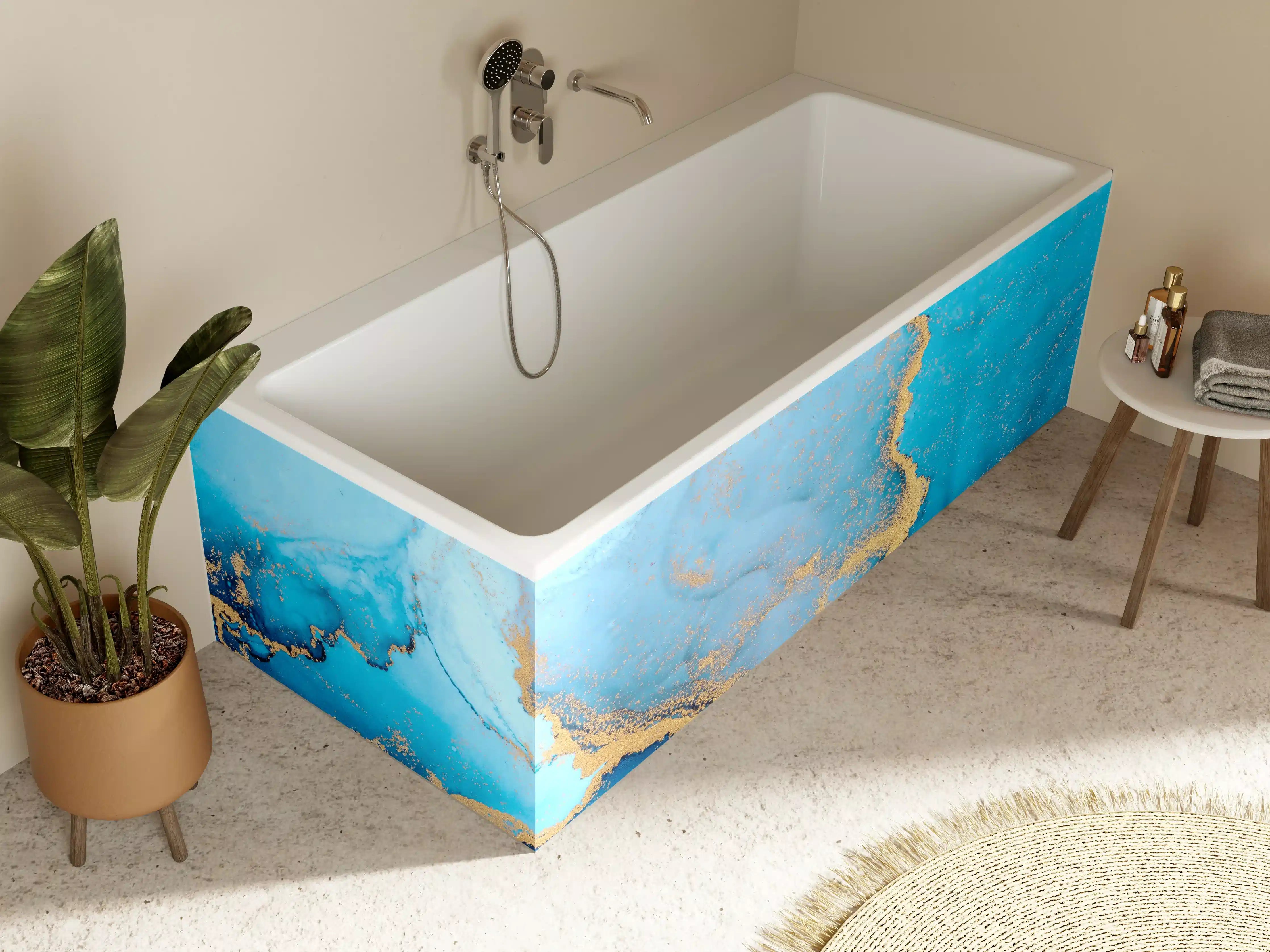 Badewannen-Rückwand - Luxus blau mit goldenem Stich - Tintenmalerei