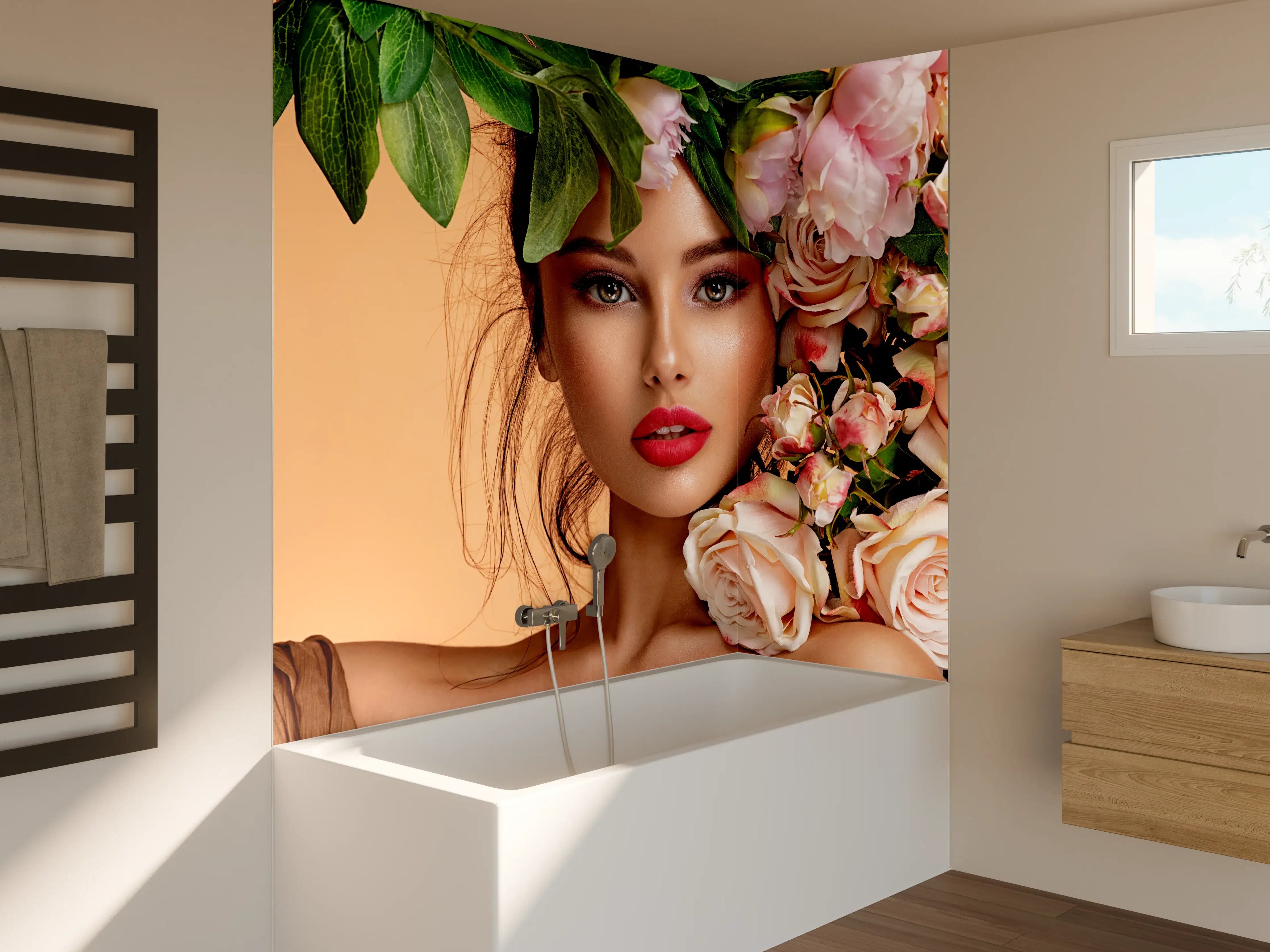 Badewannen-Rückwand - Mädchen mit Rosen auf dem Kopf