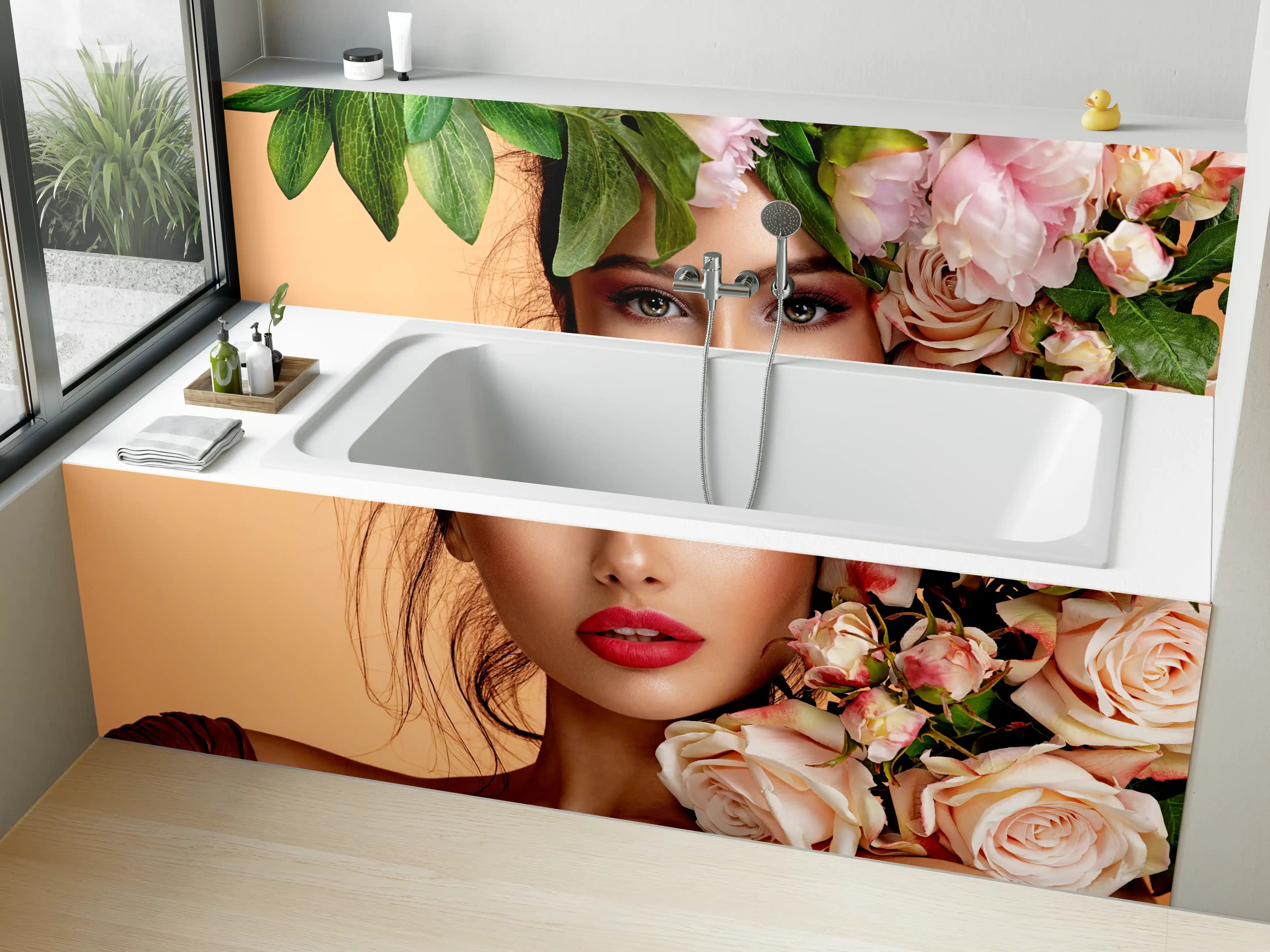 Badewannen-Rückwand - Mädchen mit Rosen auf dem Kopf