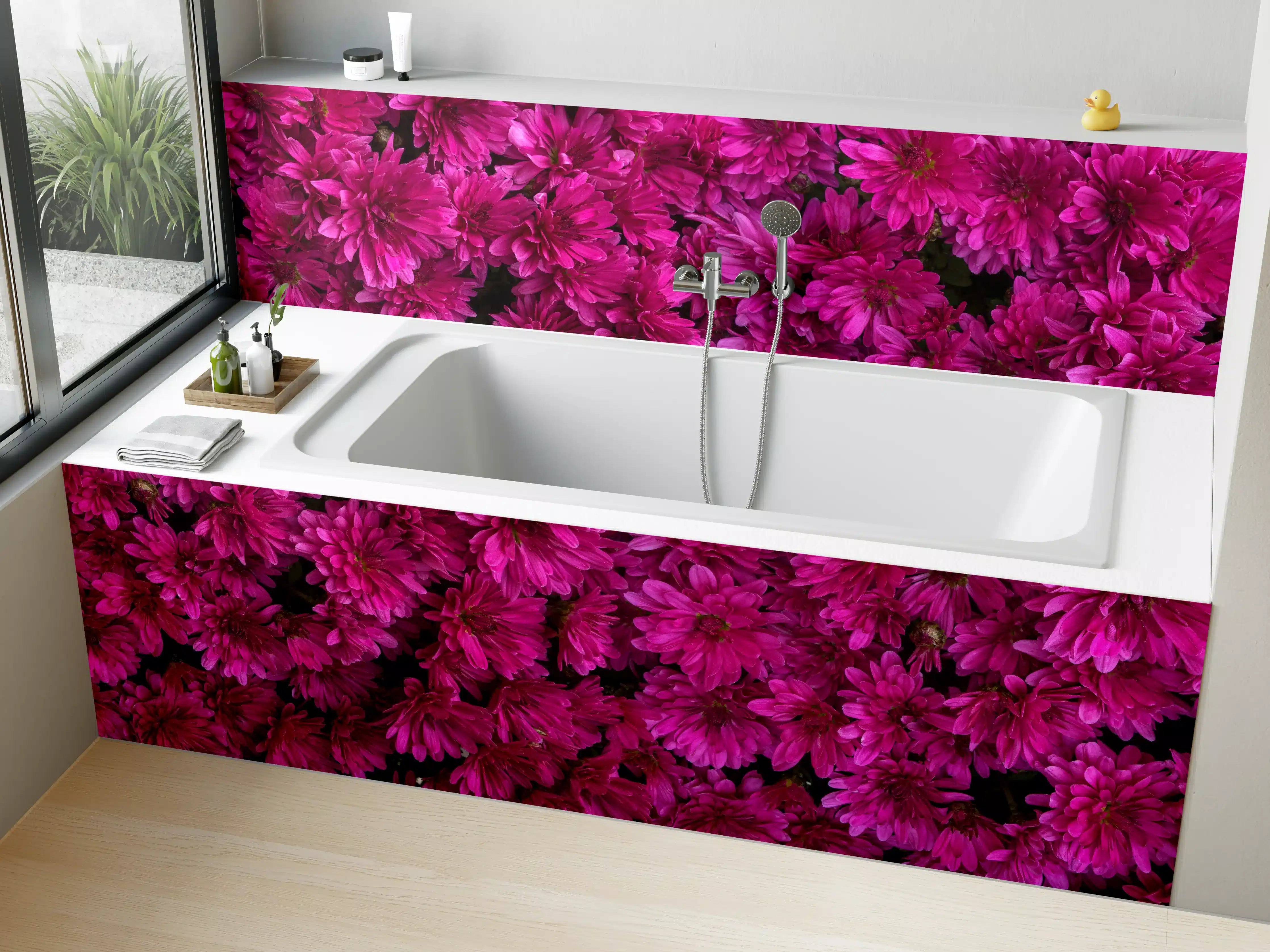 Badewannen-Rückwand - Magenta Blüten von Chrysanthemen