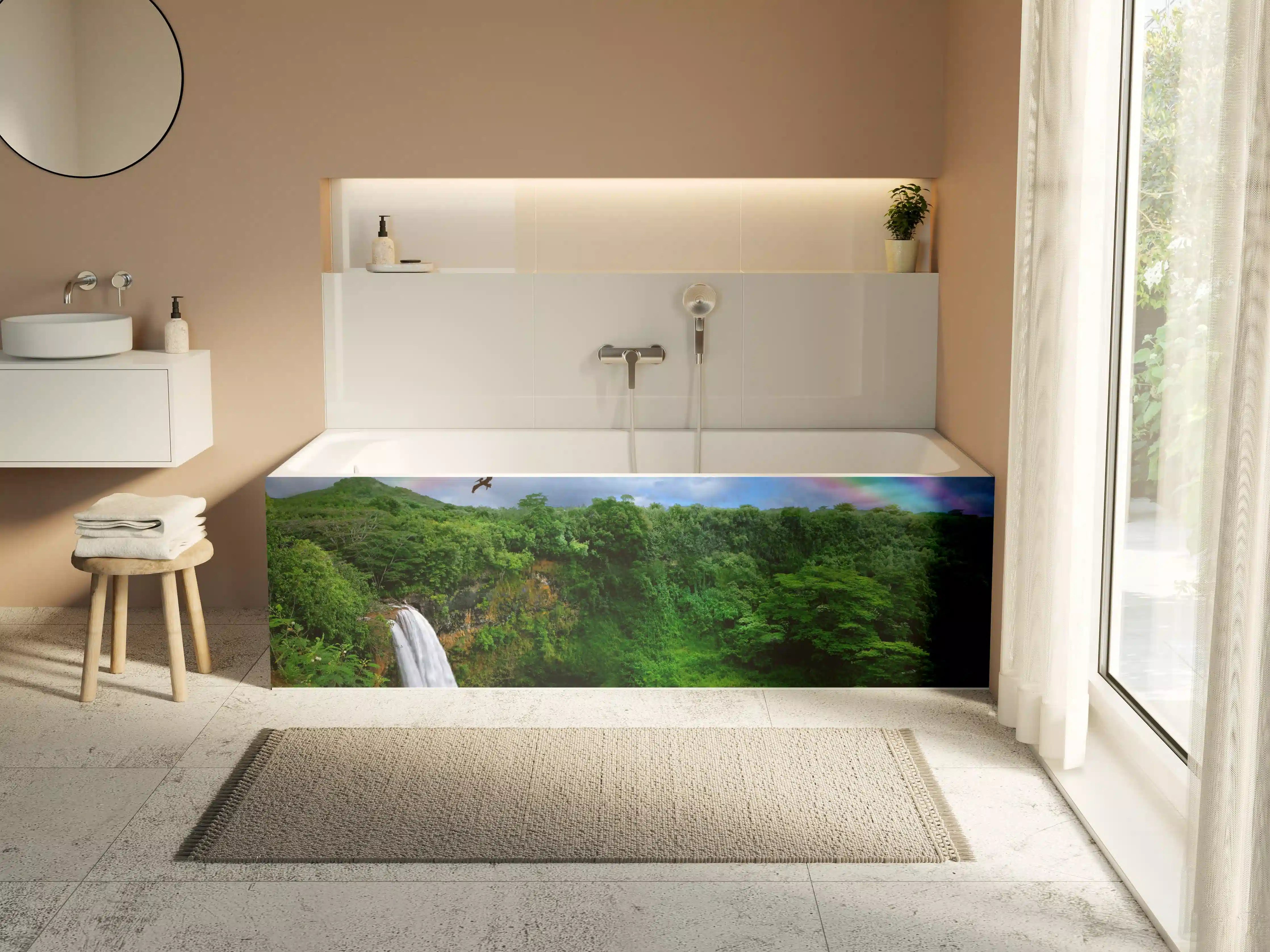 Badewannen-Rückwand - Majestätischer Wasserfall im Grünen mit Regenbogen