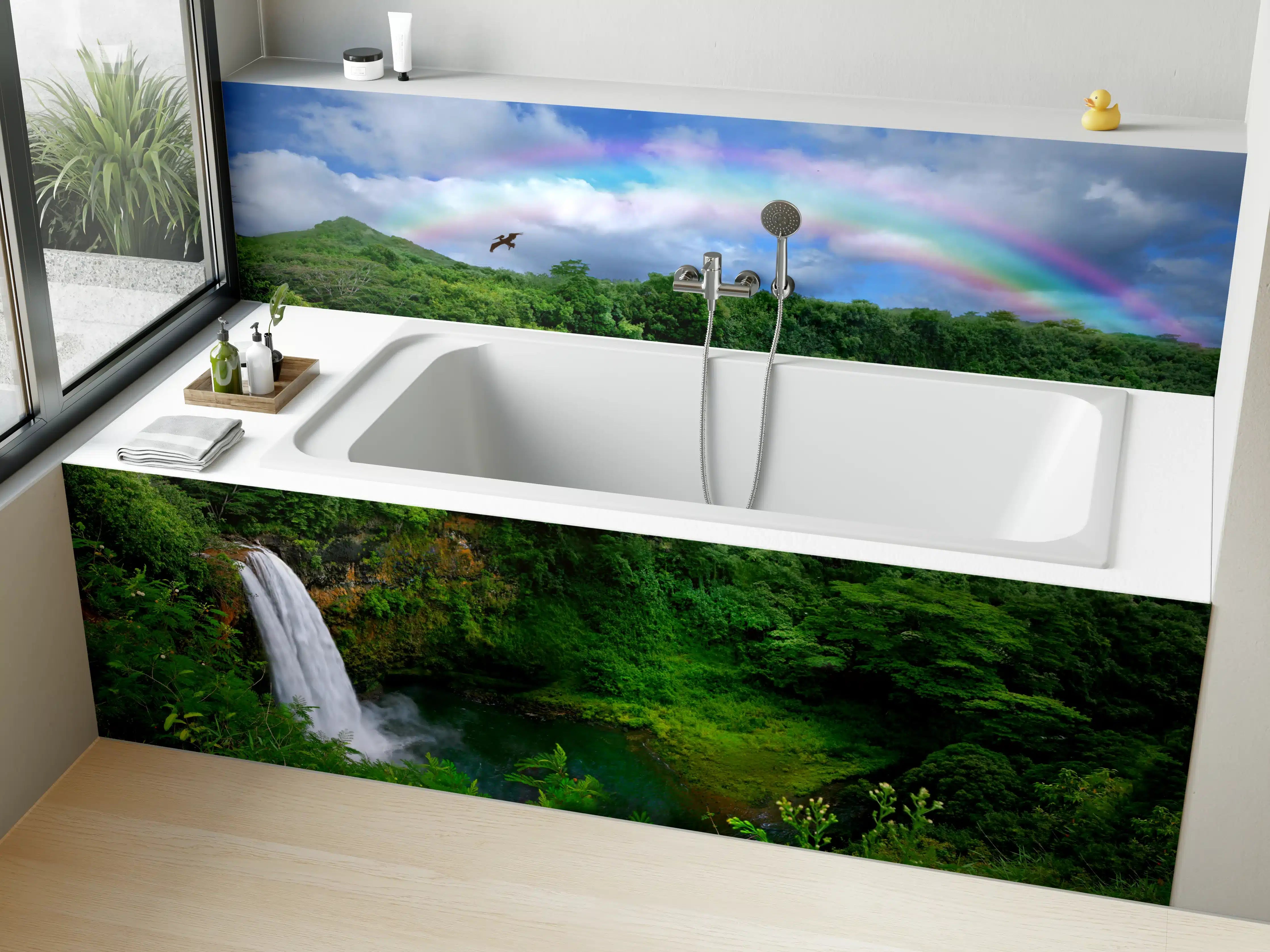 Badewannen-Rückwand - Majestätischer Wasserfall im Grünen mit Regenbogen