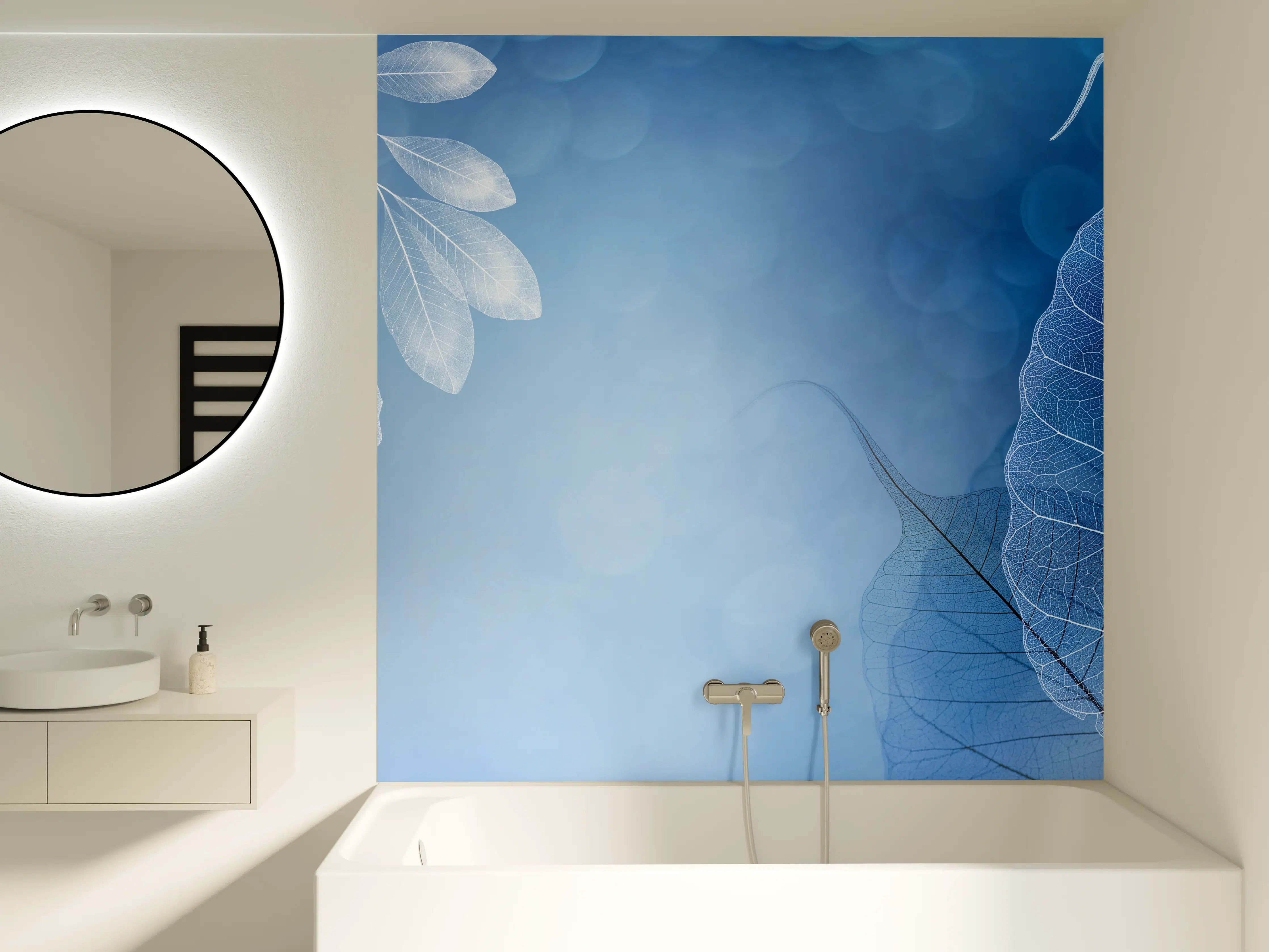 Badewannen-Rückwand - Makro Blätter Blau-Grau Kunst