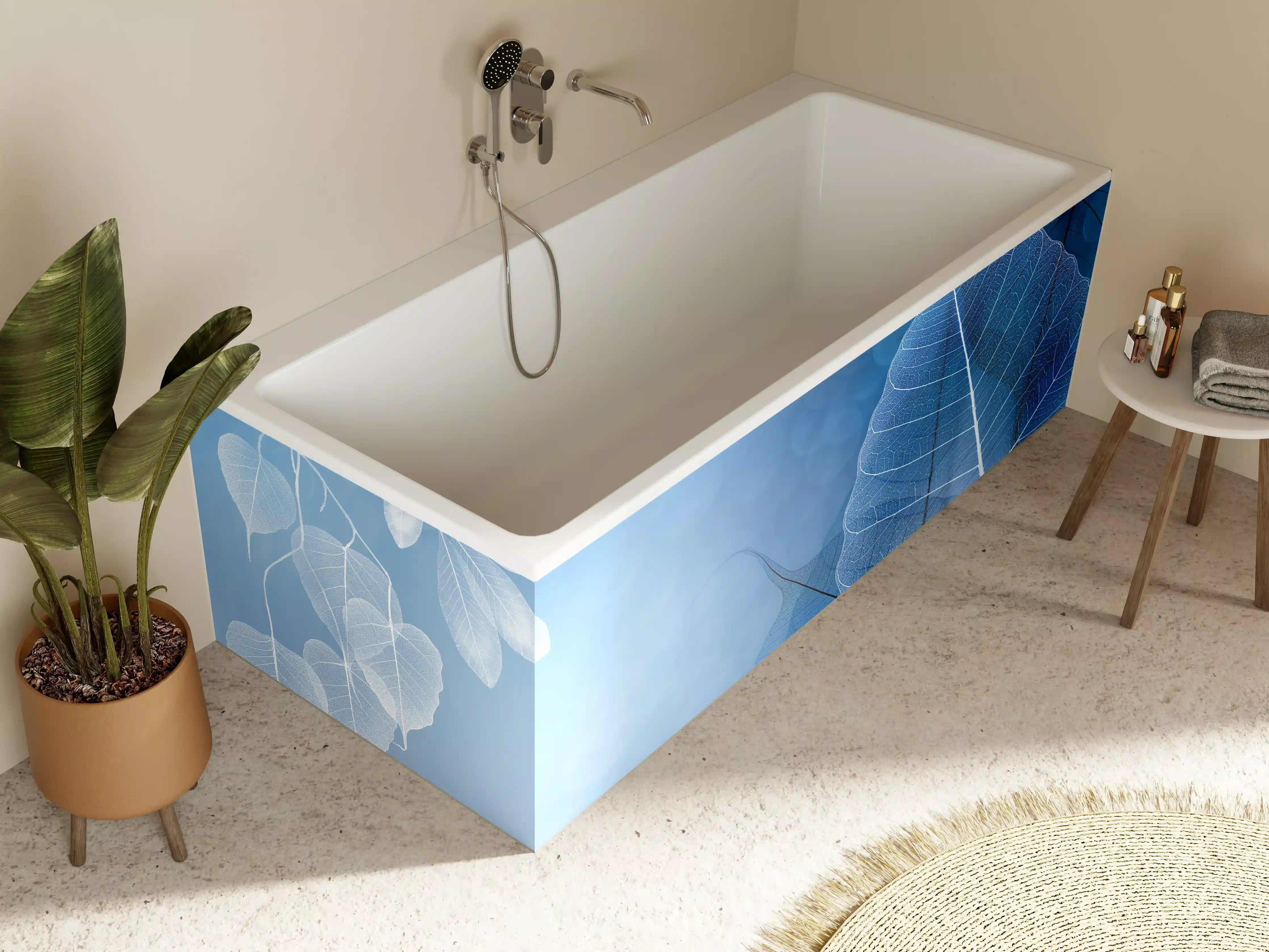Badewannen-Rückwand - Makro Blätter Blau-Grau Kunst