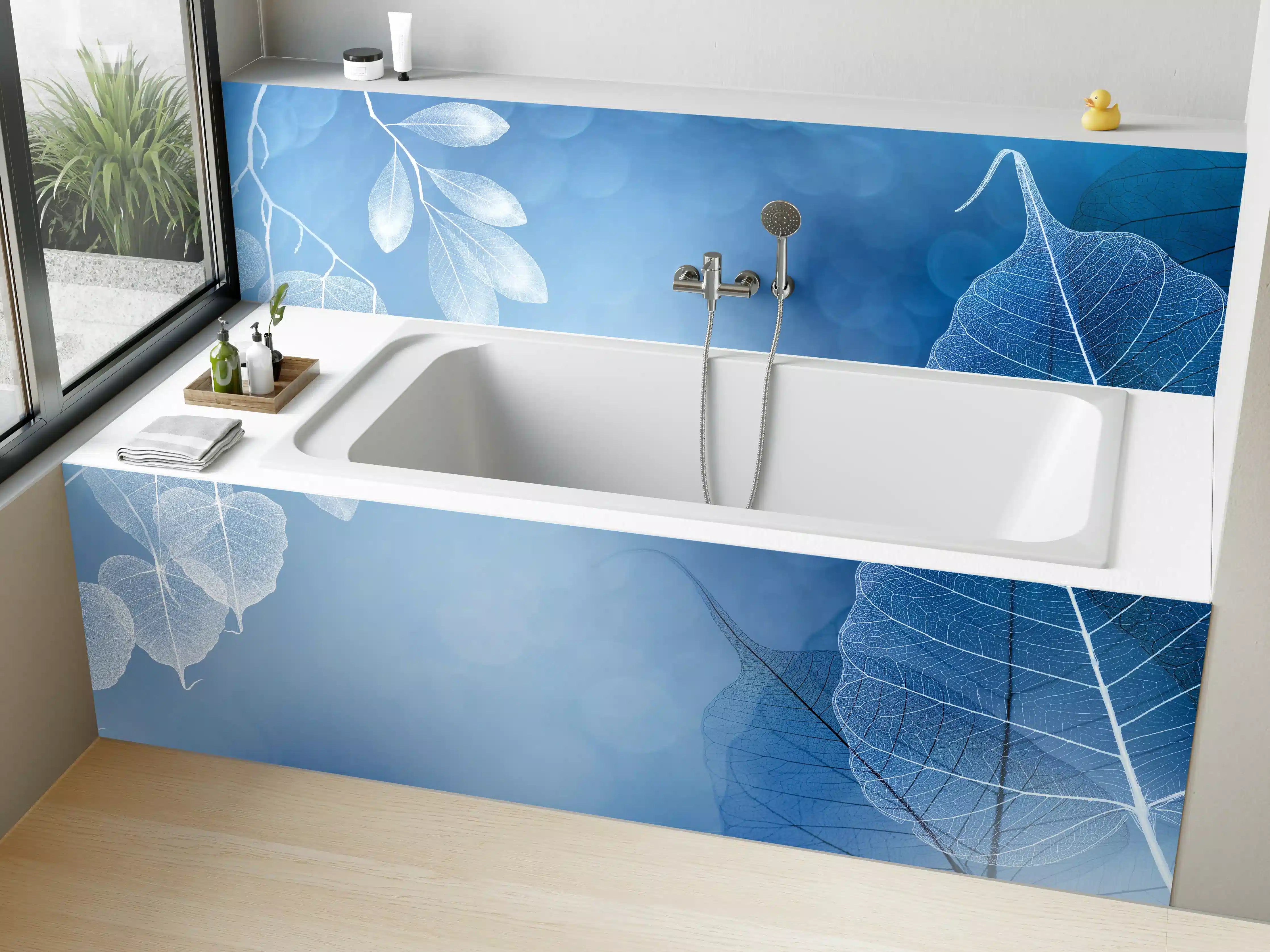 Badewannen-Rückwand - Makro Blätter Blau-Grau Kunst