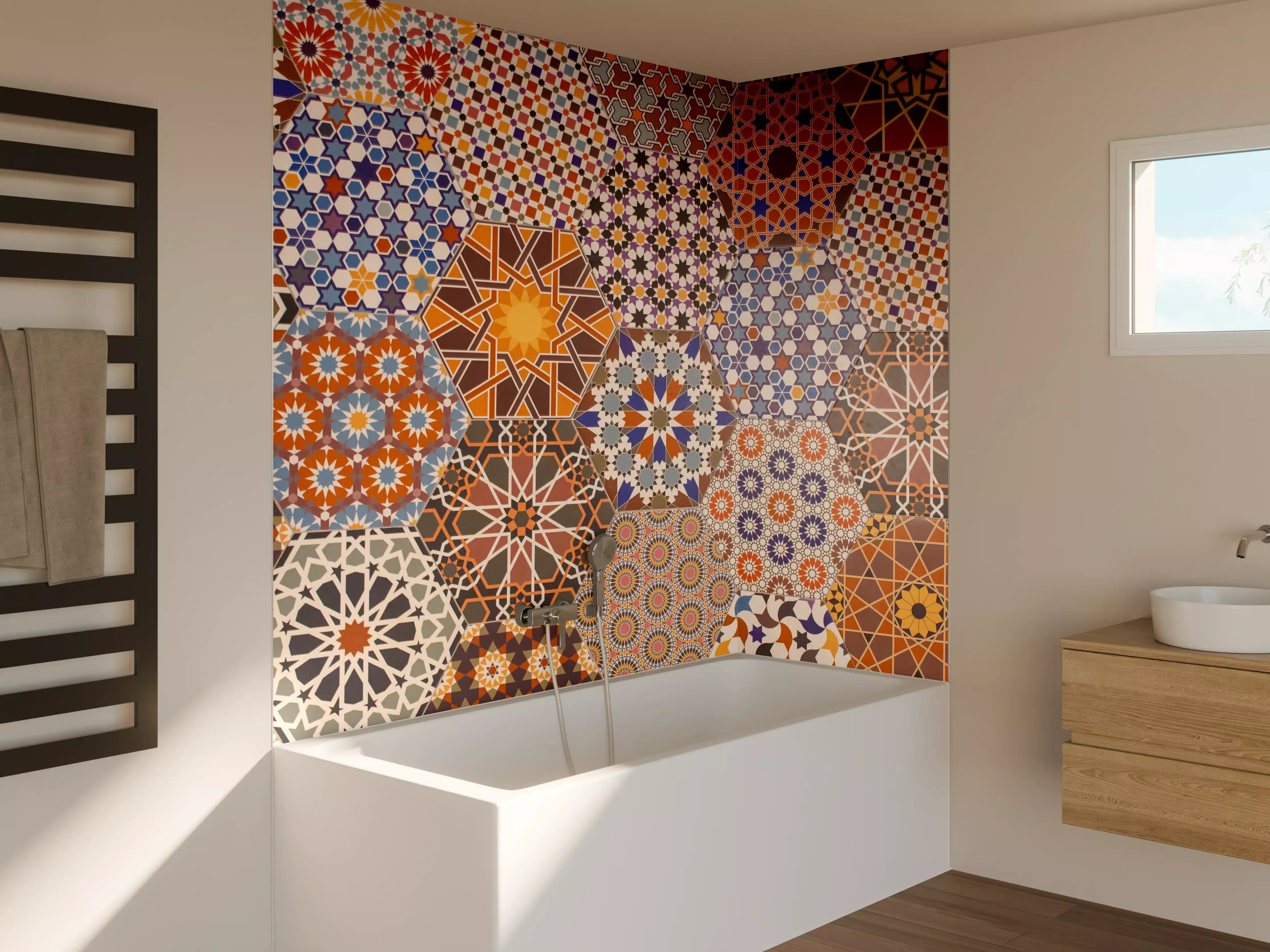 Badewannen-Rückwand - Mandala-inspirierte Mosaikfliesen