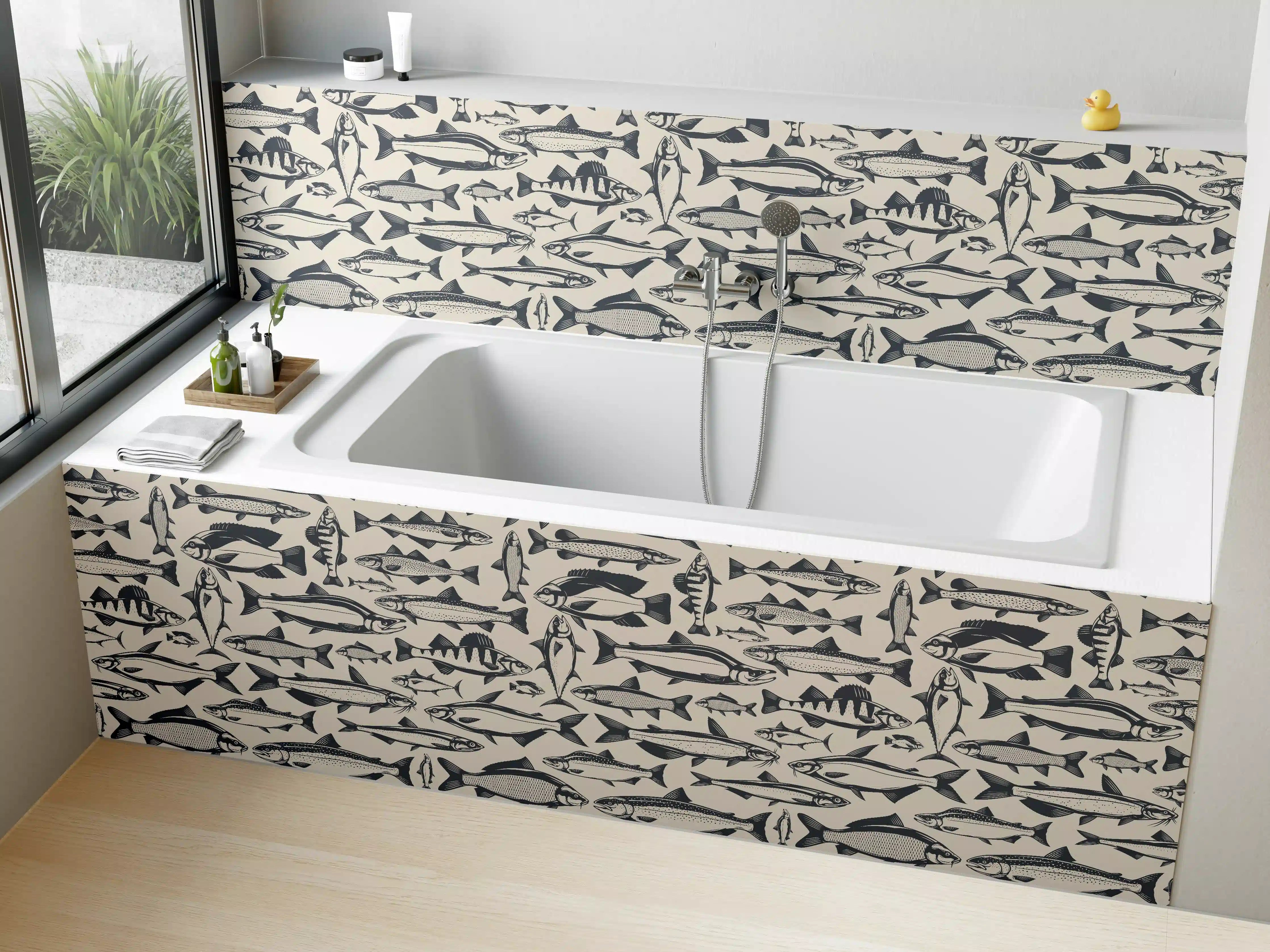 Badewannen-Rückwand - Maritimes Fischmuster Beige-Blau