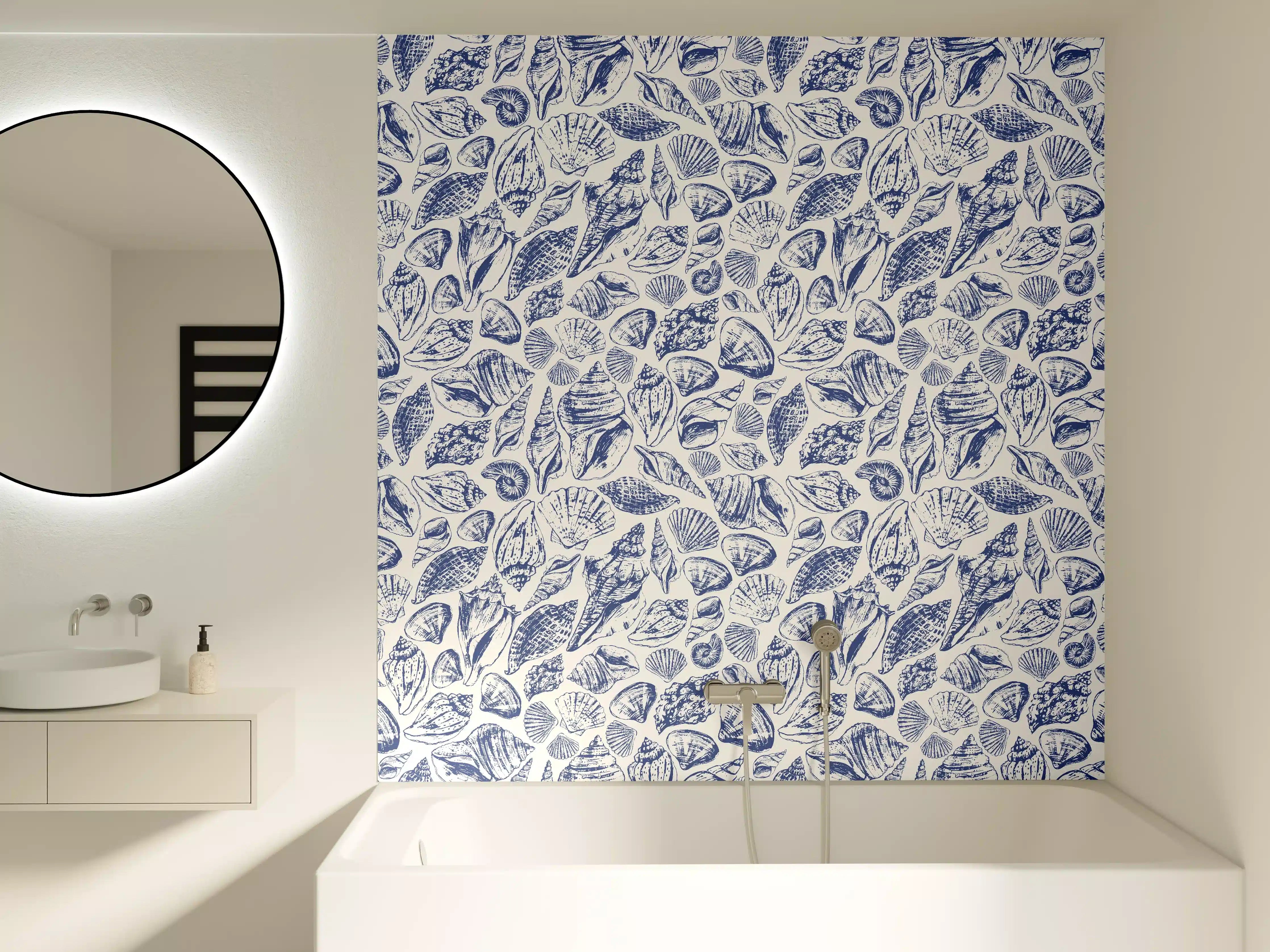 Badewannen-Rückwand - Maritimes Muschelmuster Blau-Weiß
