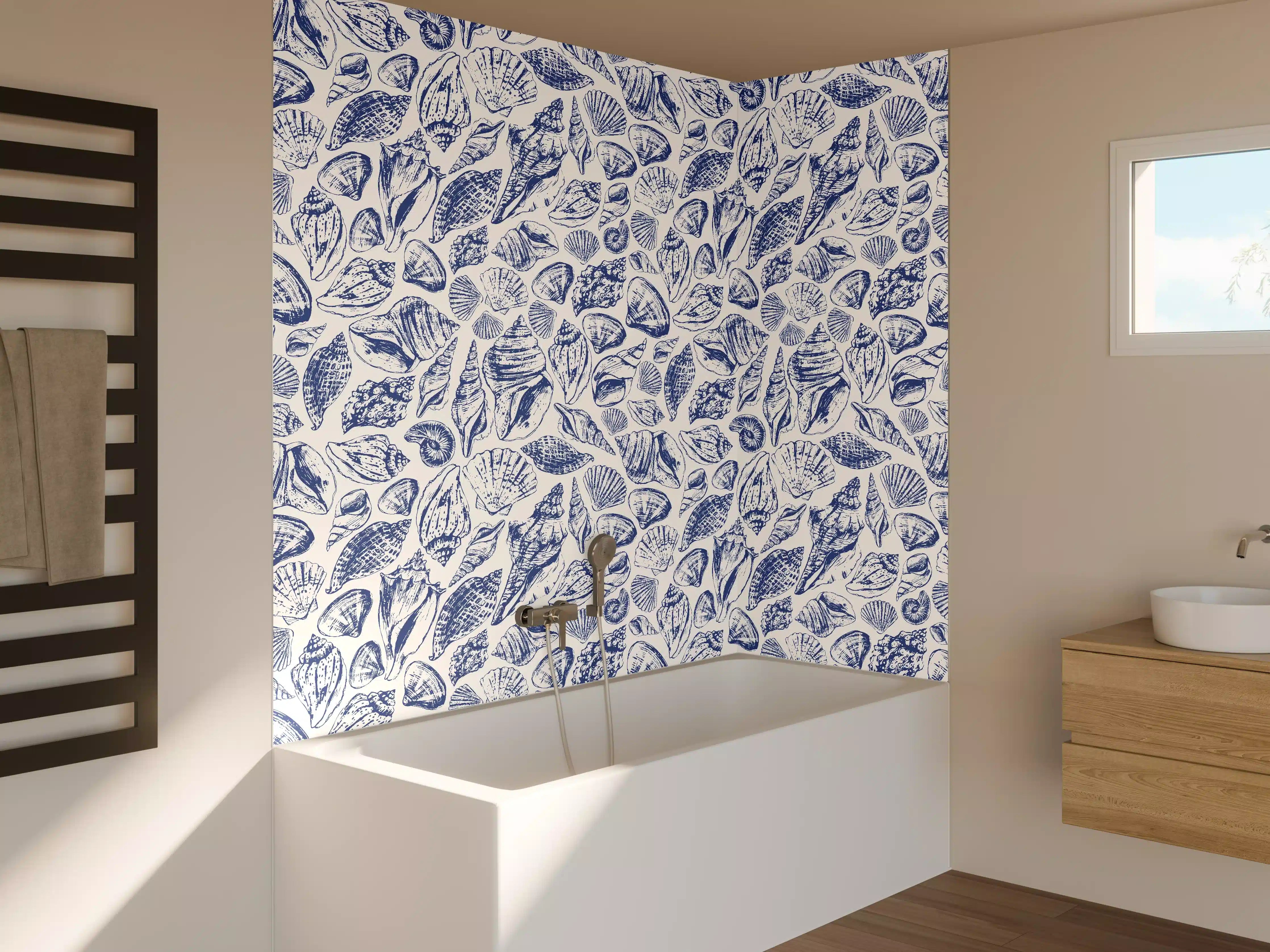 Badewannen-Rückwand - Maritimes Muschelmuster Blau-Weiß
