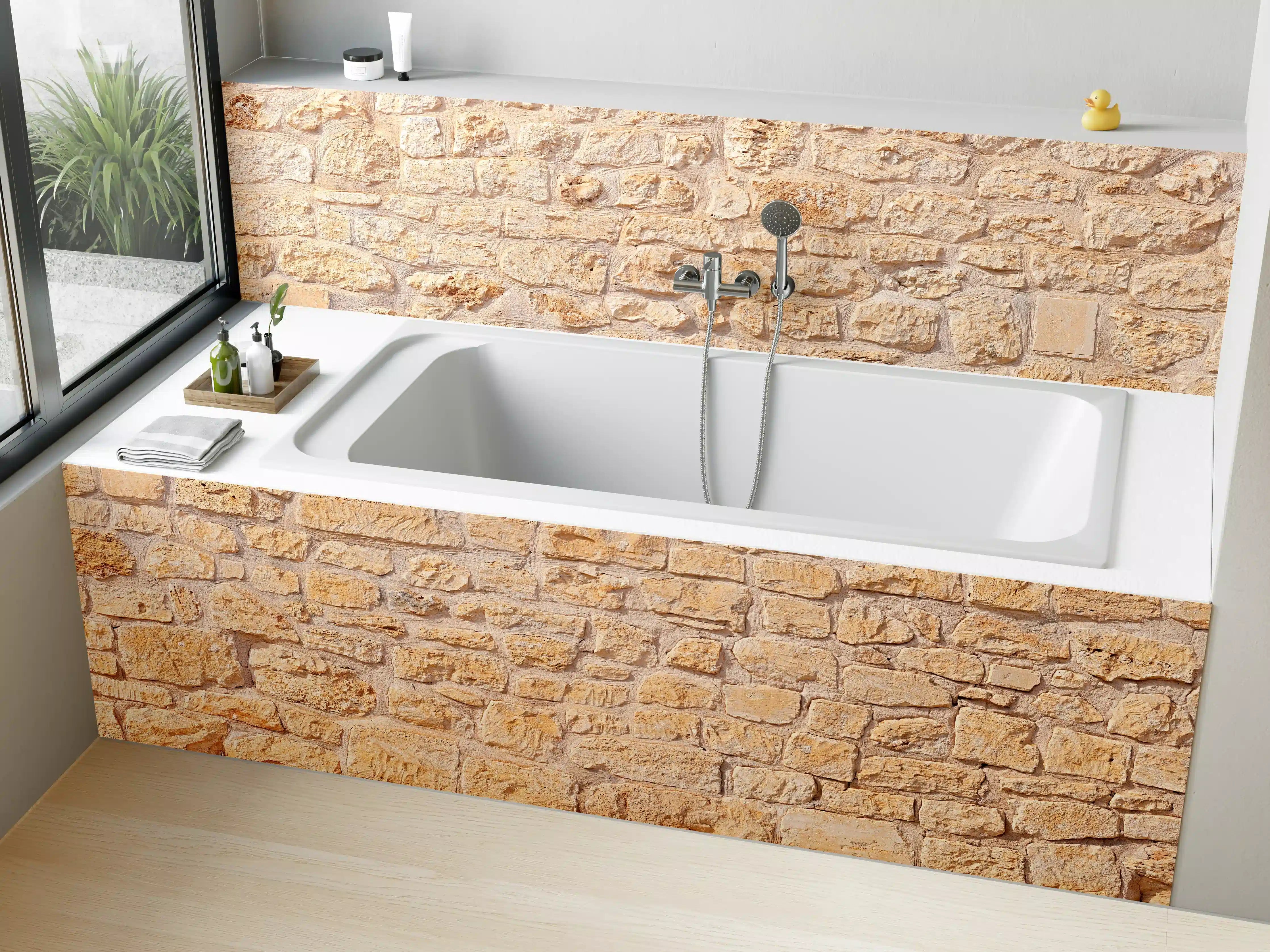 Badewannen-Rückwand - Massive braune Steinfassade