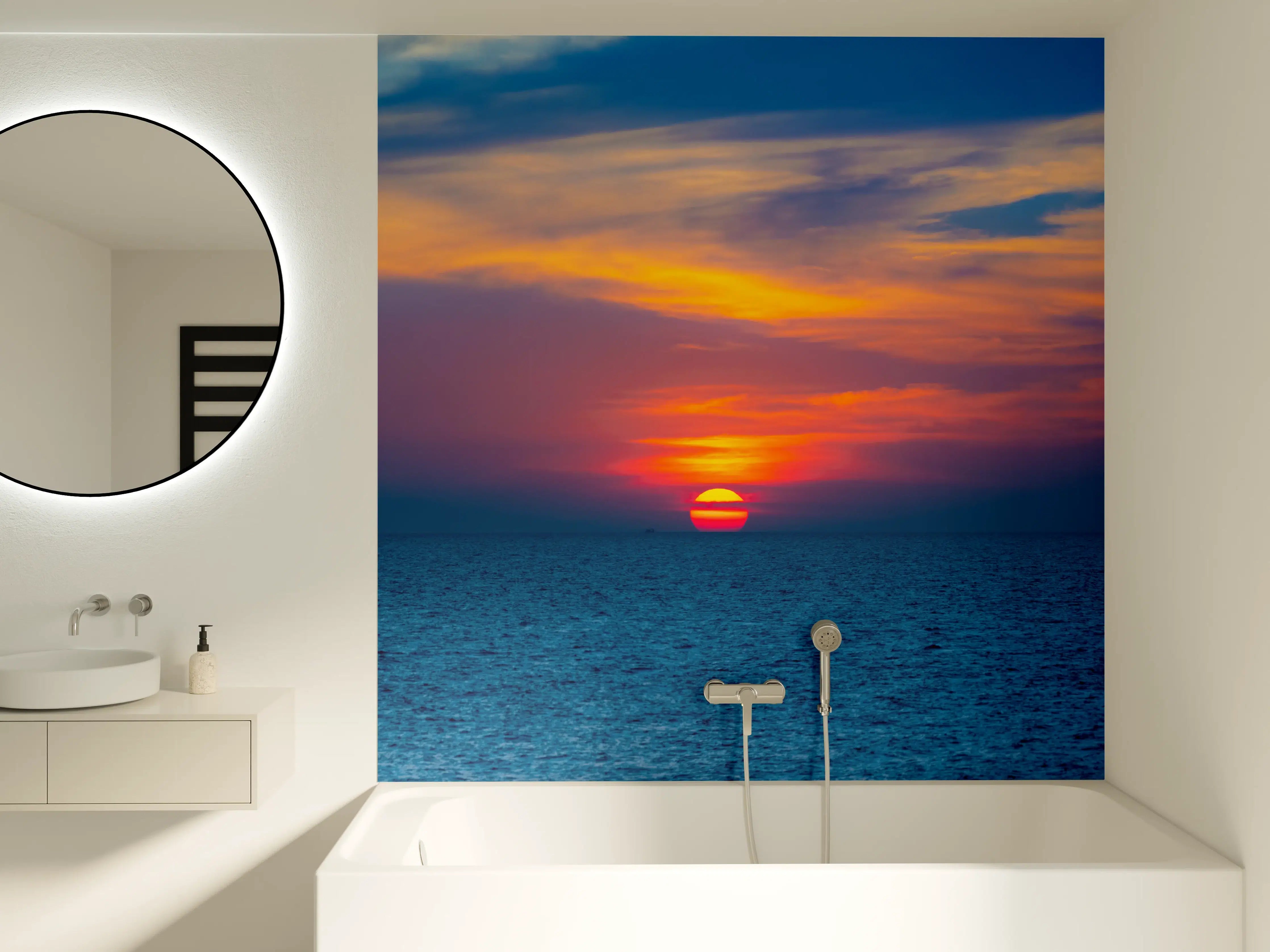 Badewannen-Rückwand - Meer-Sonnenuntergang Blau-Orange