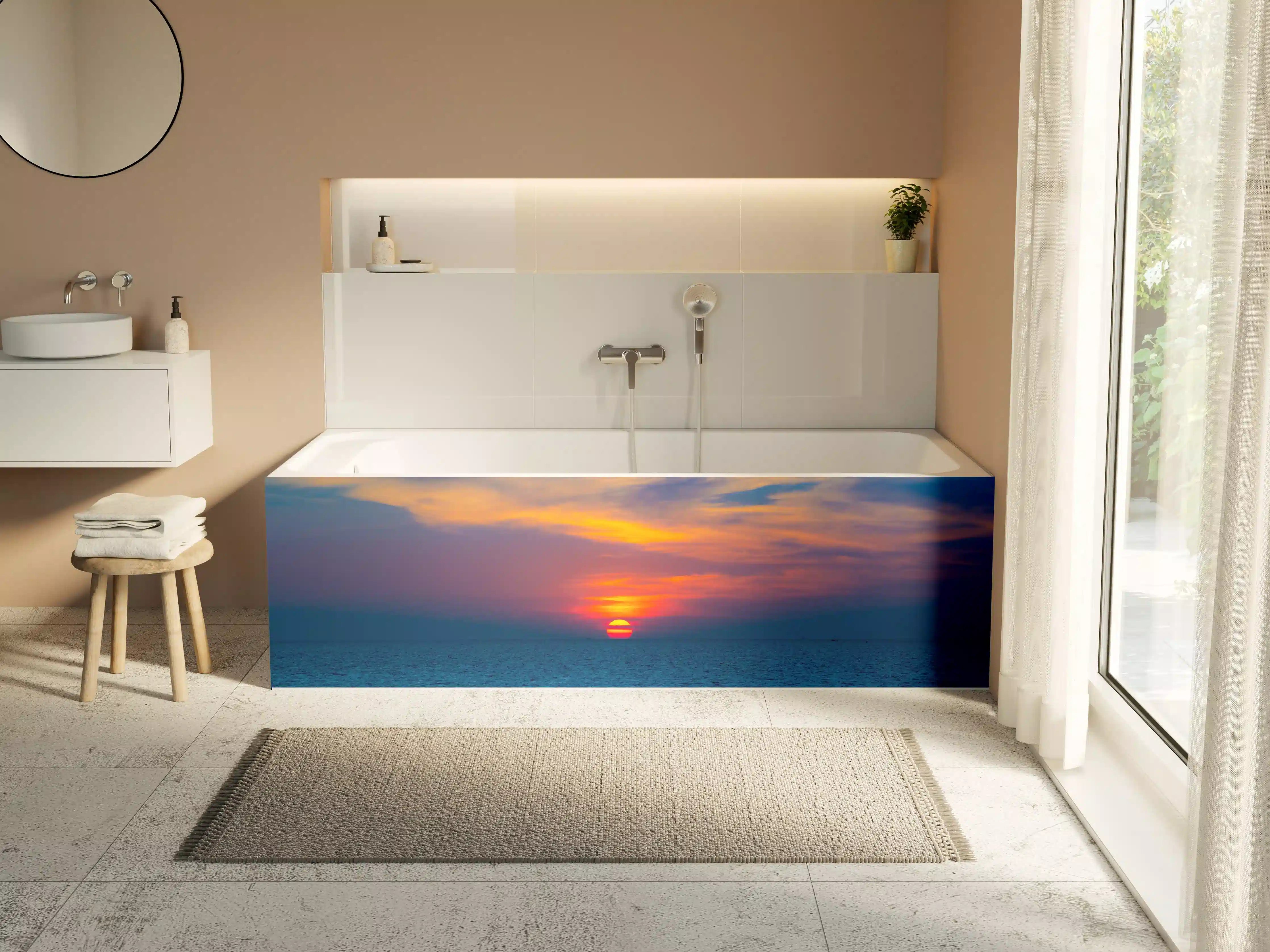 Badewannen-Rückwand - Meer-Sonnenuntergang Blau-Orange