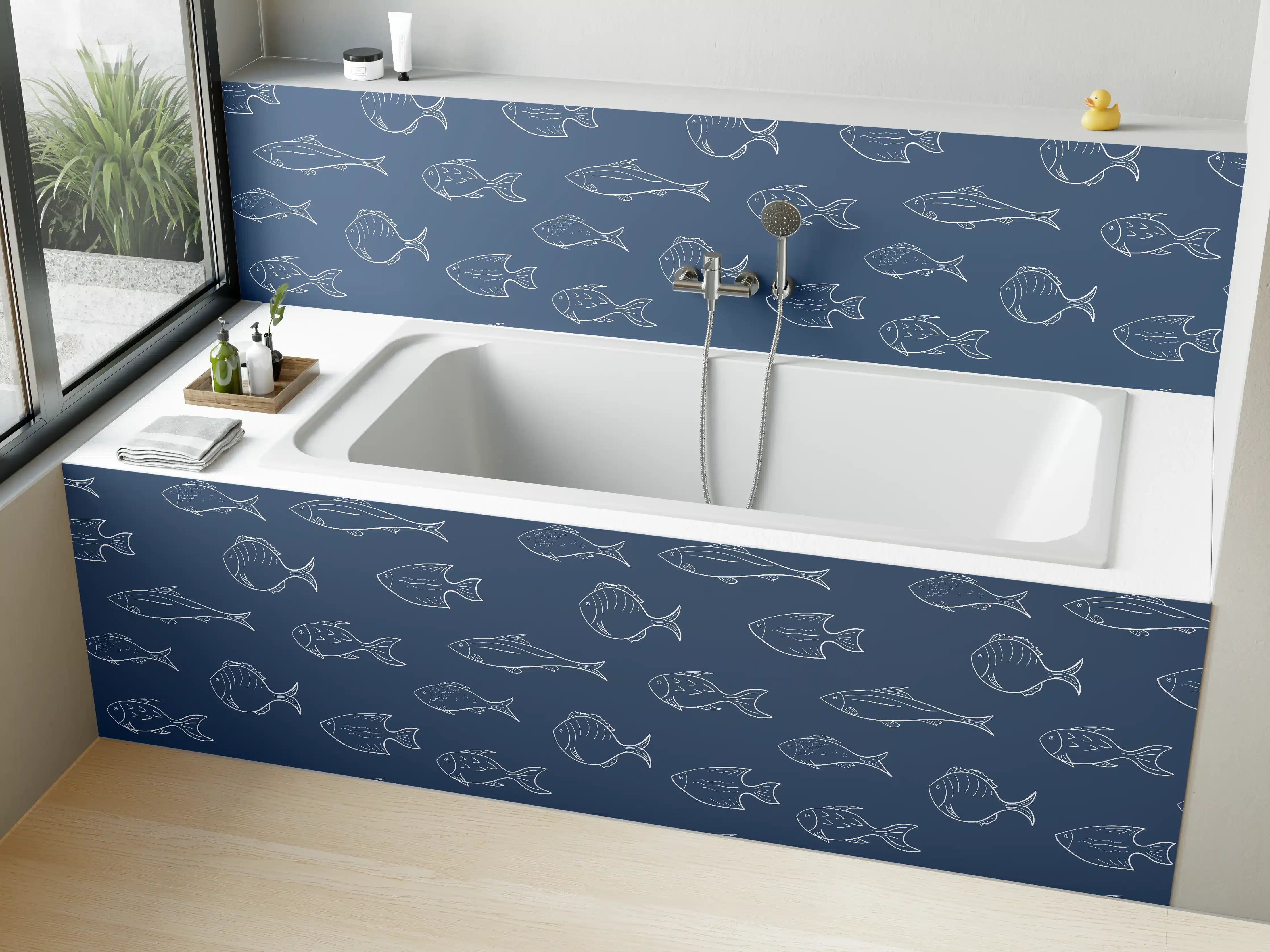 Badewannen-Rückwand - Minimal Fischmuster Blau