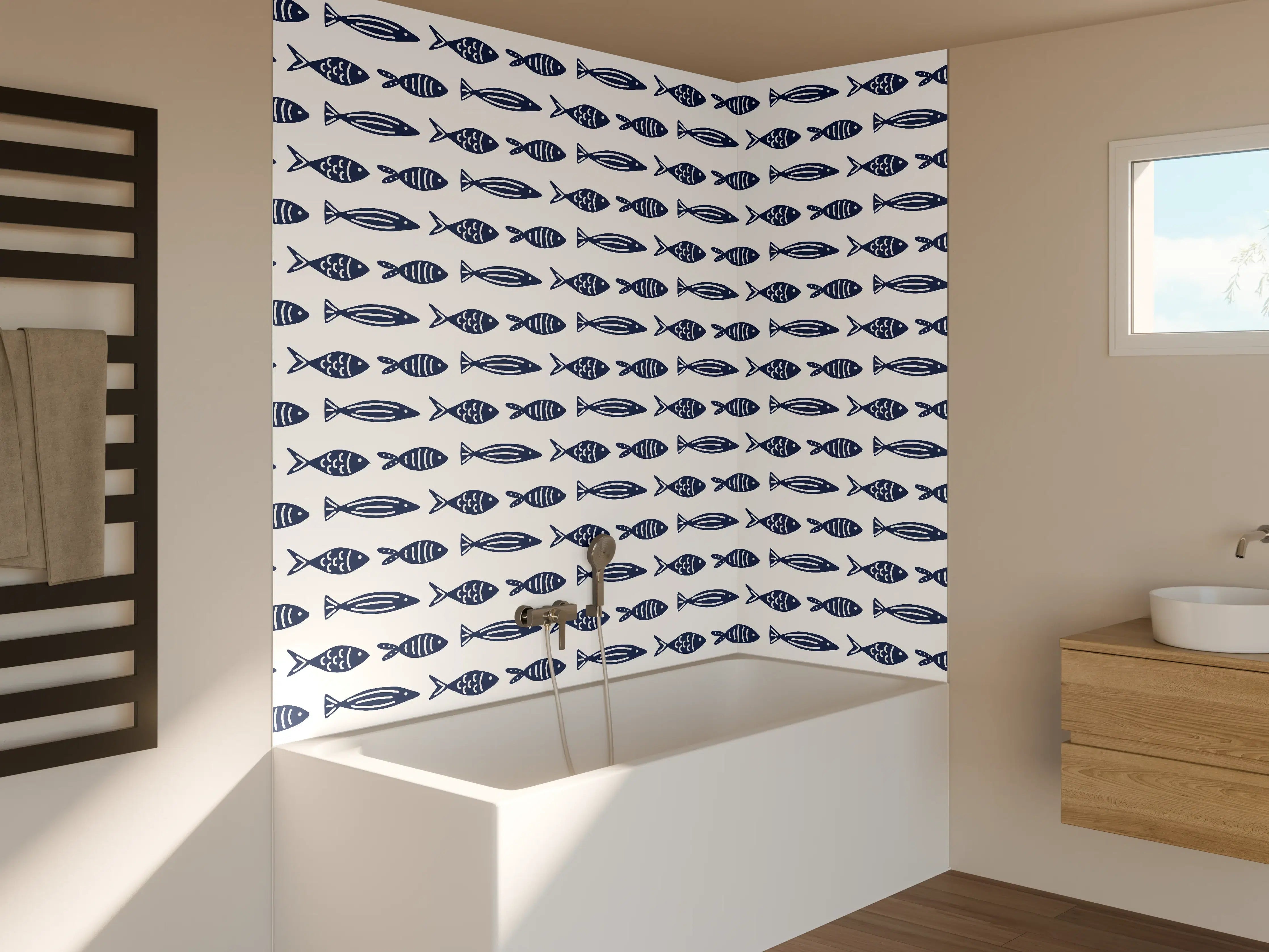Badewannen-Rückwand - Minimalistische Fische Blau-Weiß