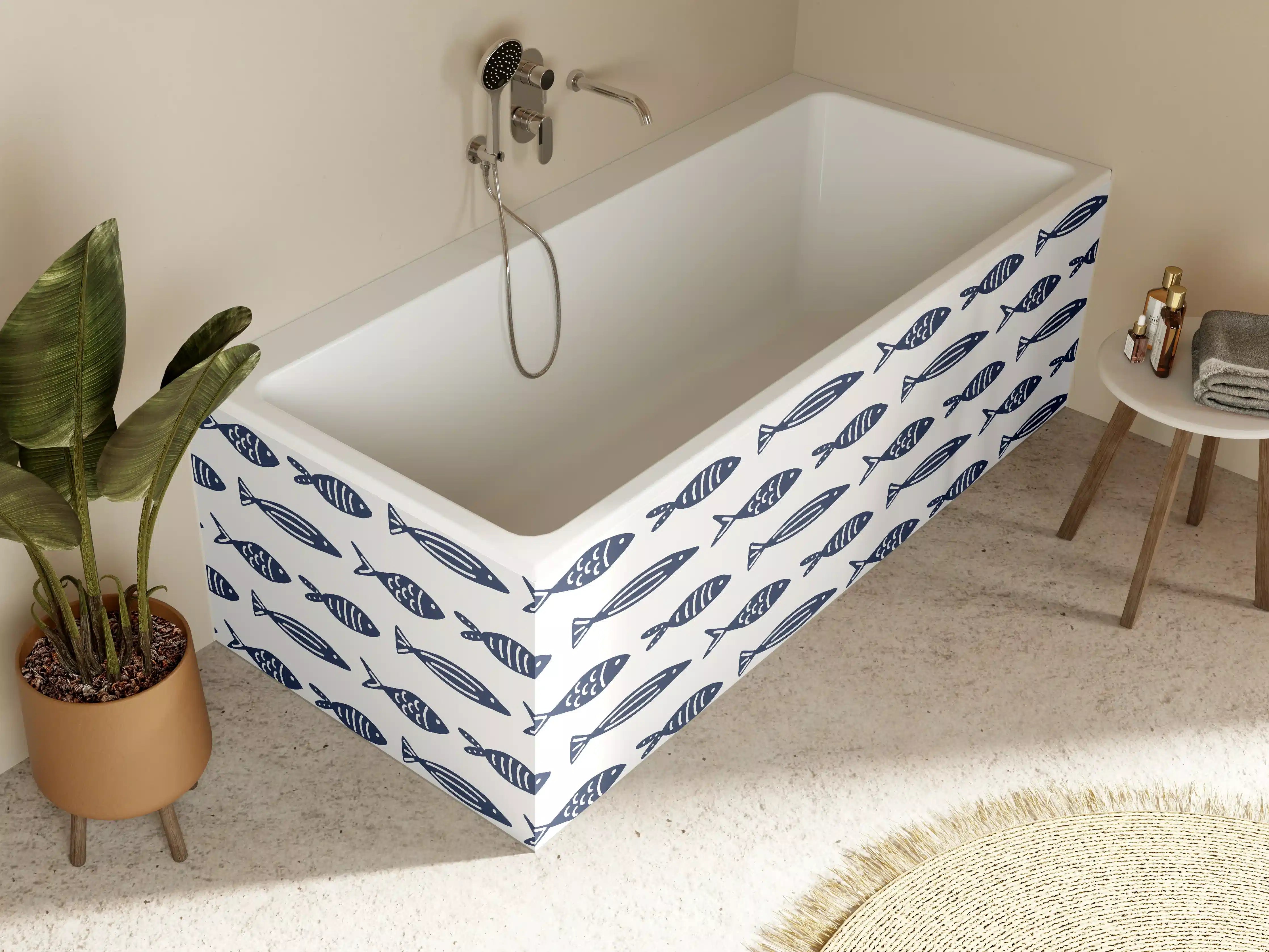 Badewannen-Rückwand - Minimalistische Fische Blau-Weiß