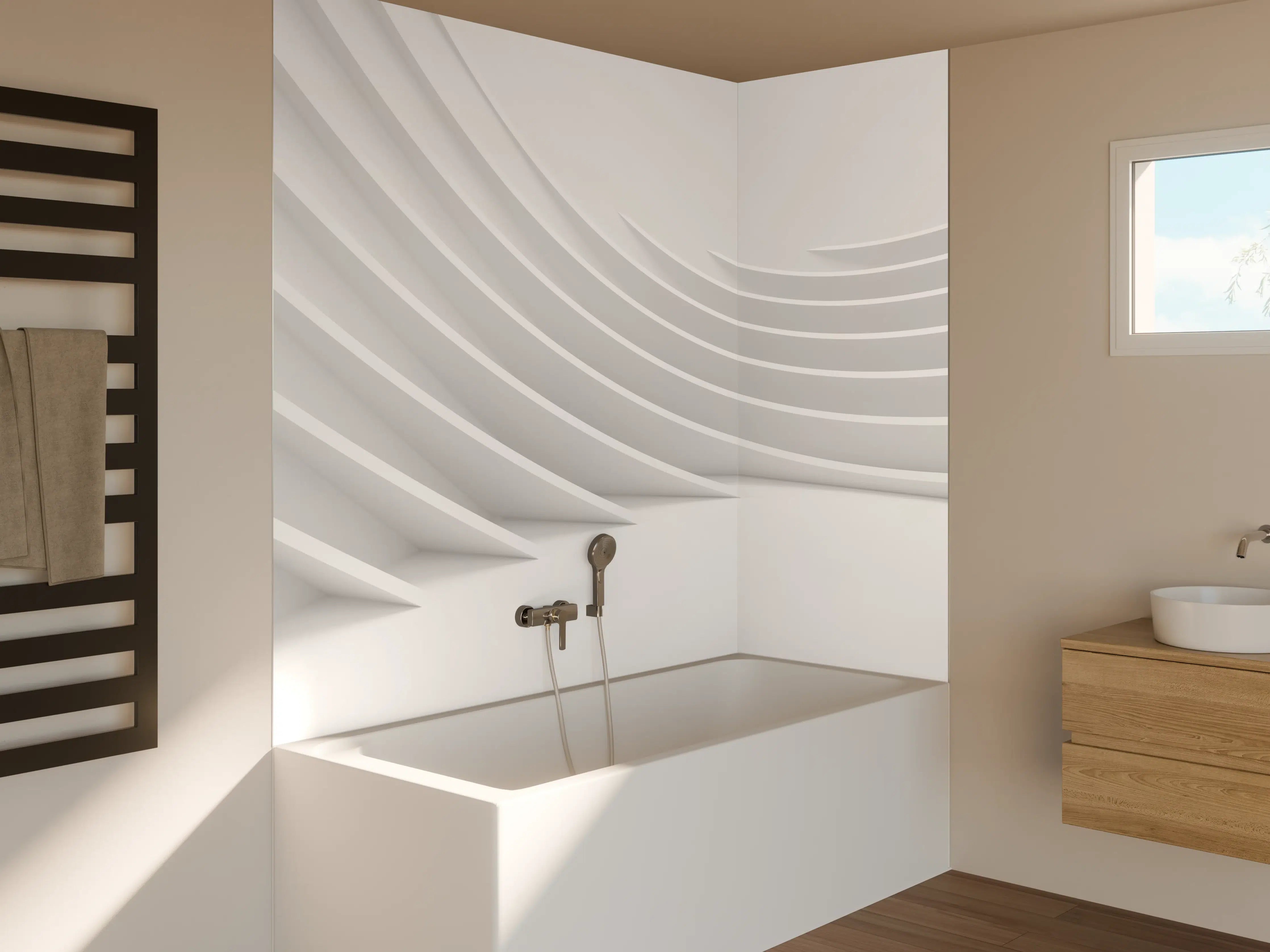 Badewannen-Rückwand - Minimalistische Weiß-Grau Welle