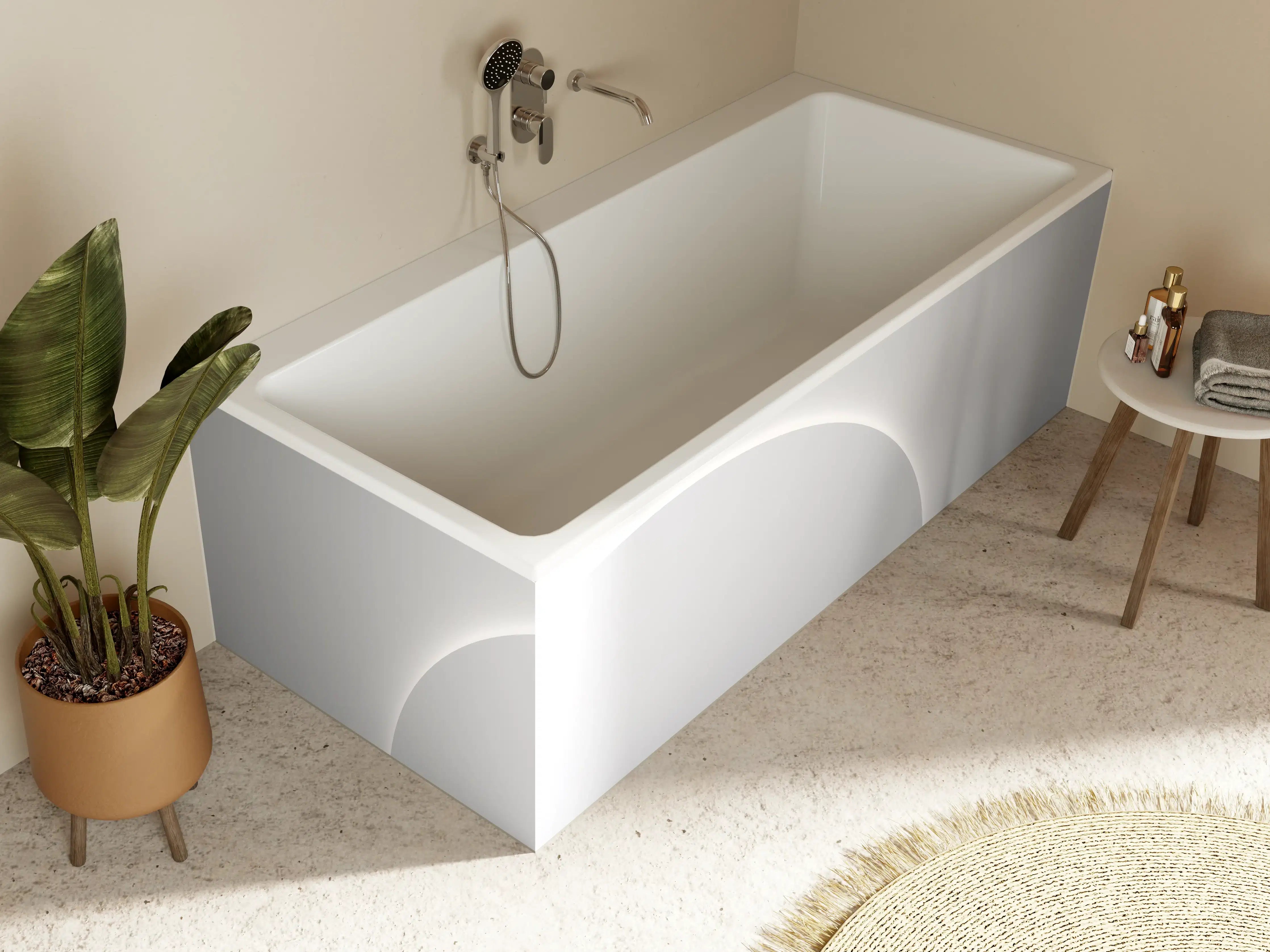 Badewannen-Rückwand - Minimalistischer Weiß-Grauer Sockel