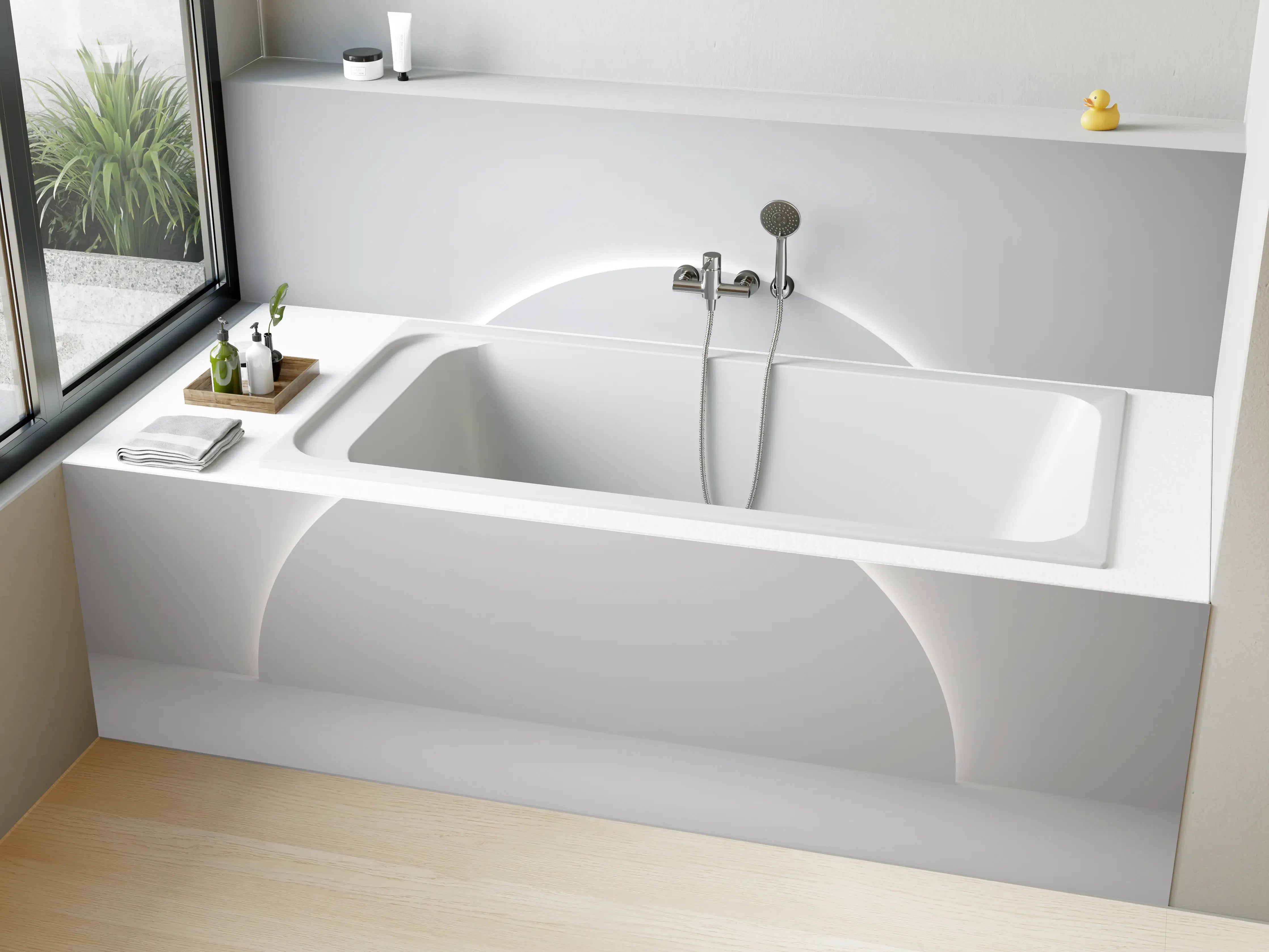 Badewannen-Rückwand - Minimalistischer Weiß-Grauer Sockel