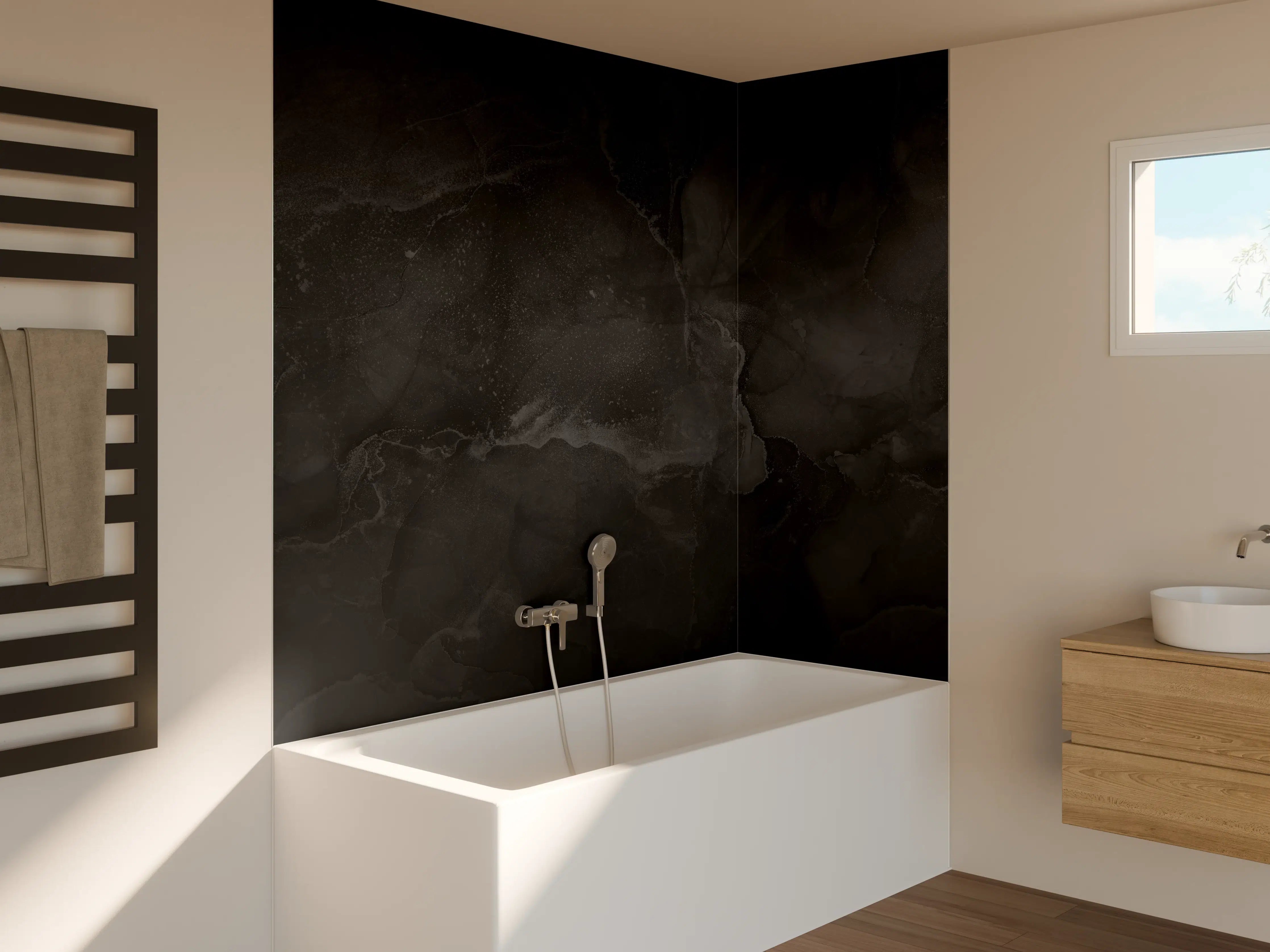 Badewannen-Rückwand - Modern grau-schwarzer Marmor
