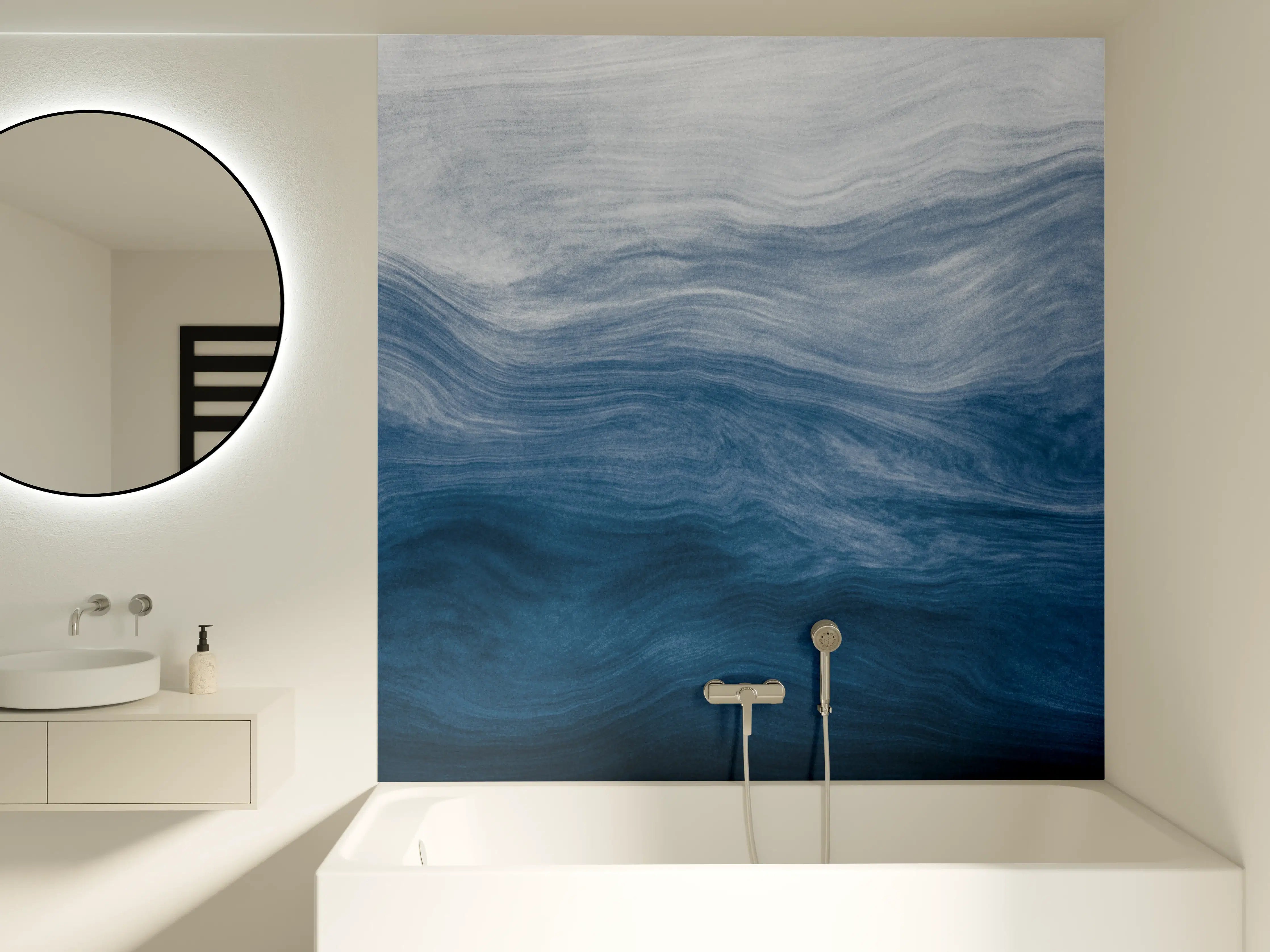Badewannen-Rückwand - Moderne Abstrakte Blautöne Wellenstruktur