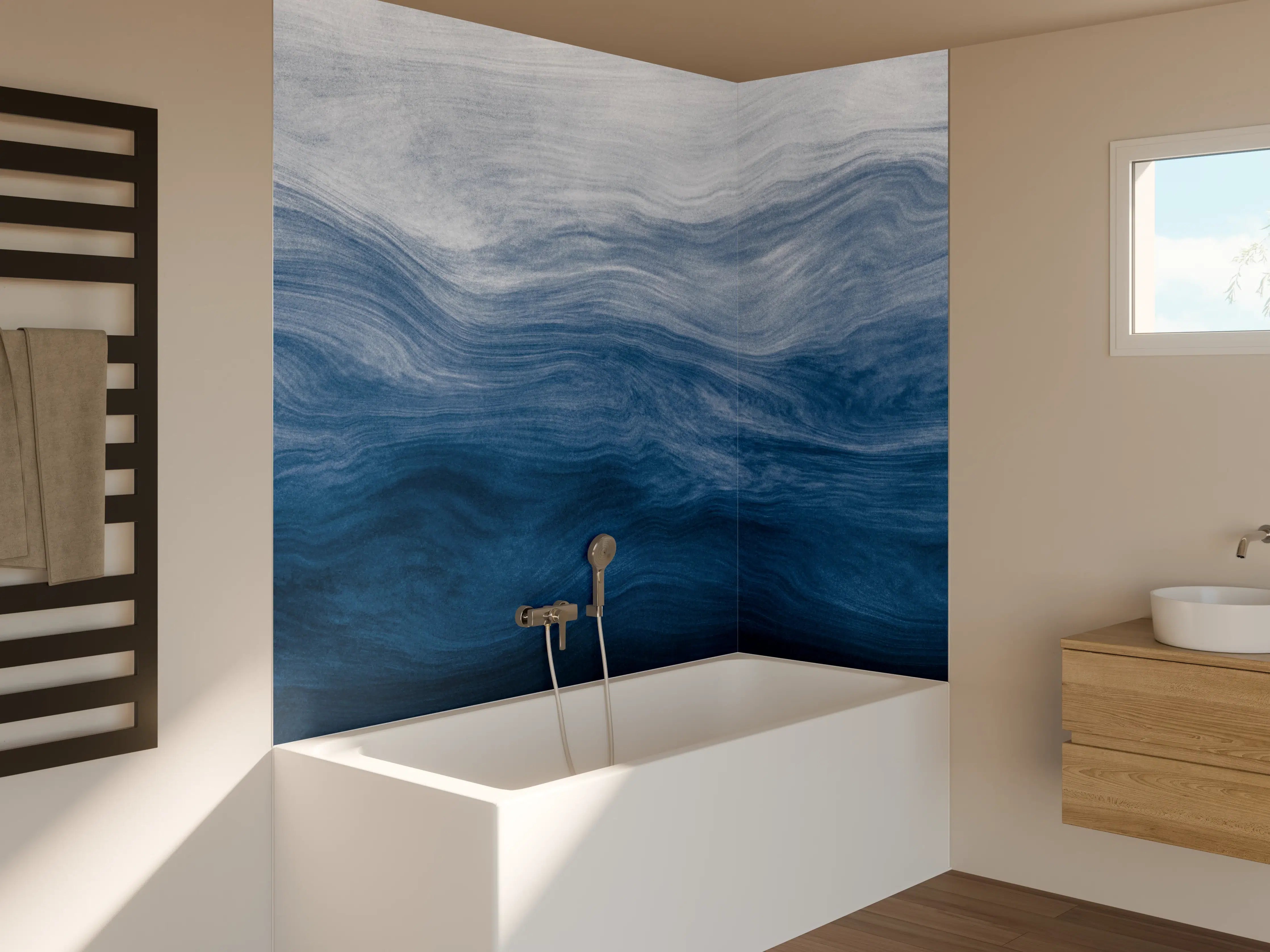 Badewannen-Rückwand - Moderne Abstrakte Blautöne Wellenstruktur