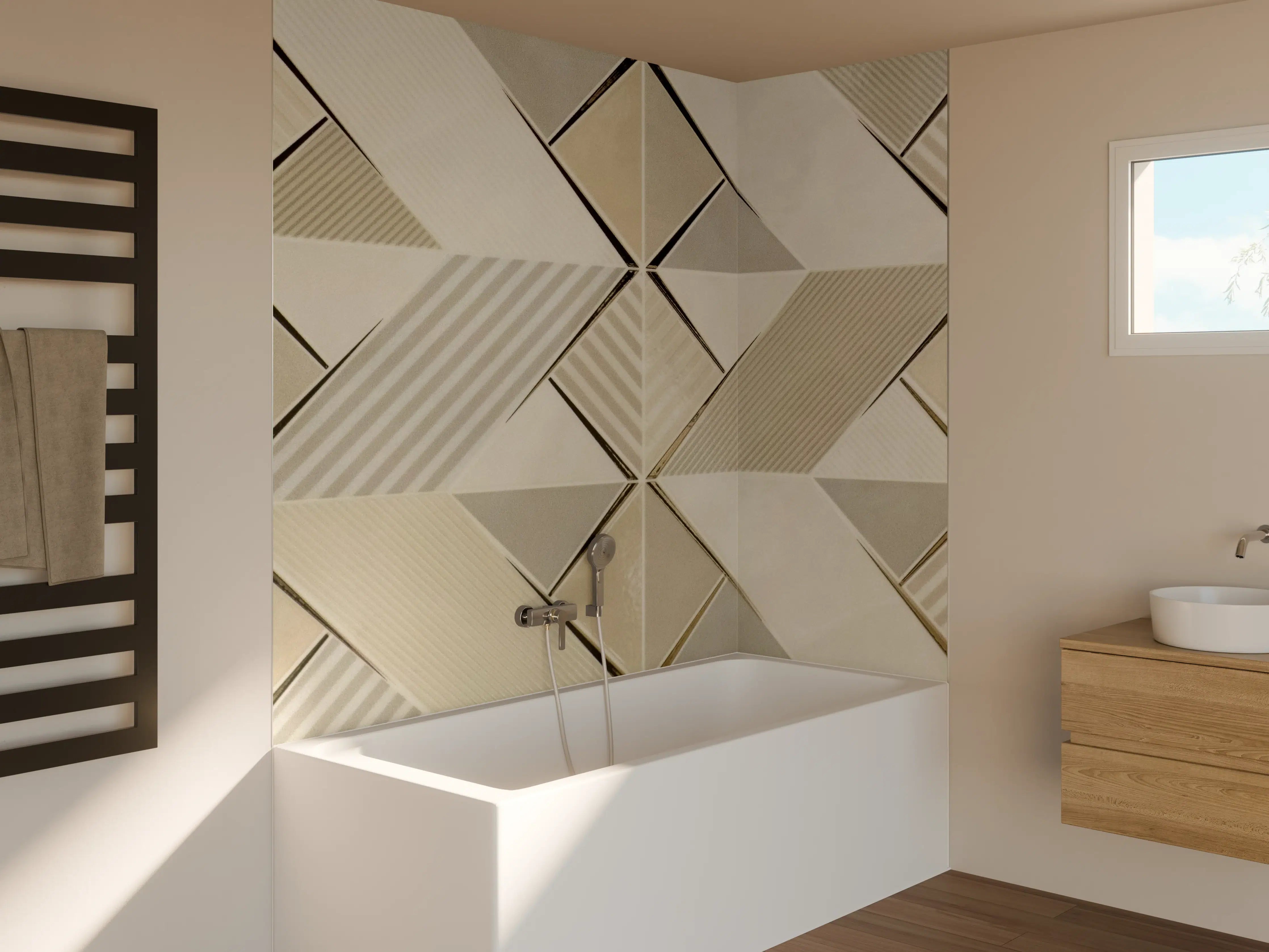 Badewannen-Rückwand - Moderne Betonfliesen mit pastellfarbenen Akzenten