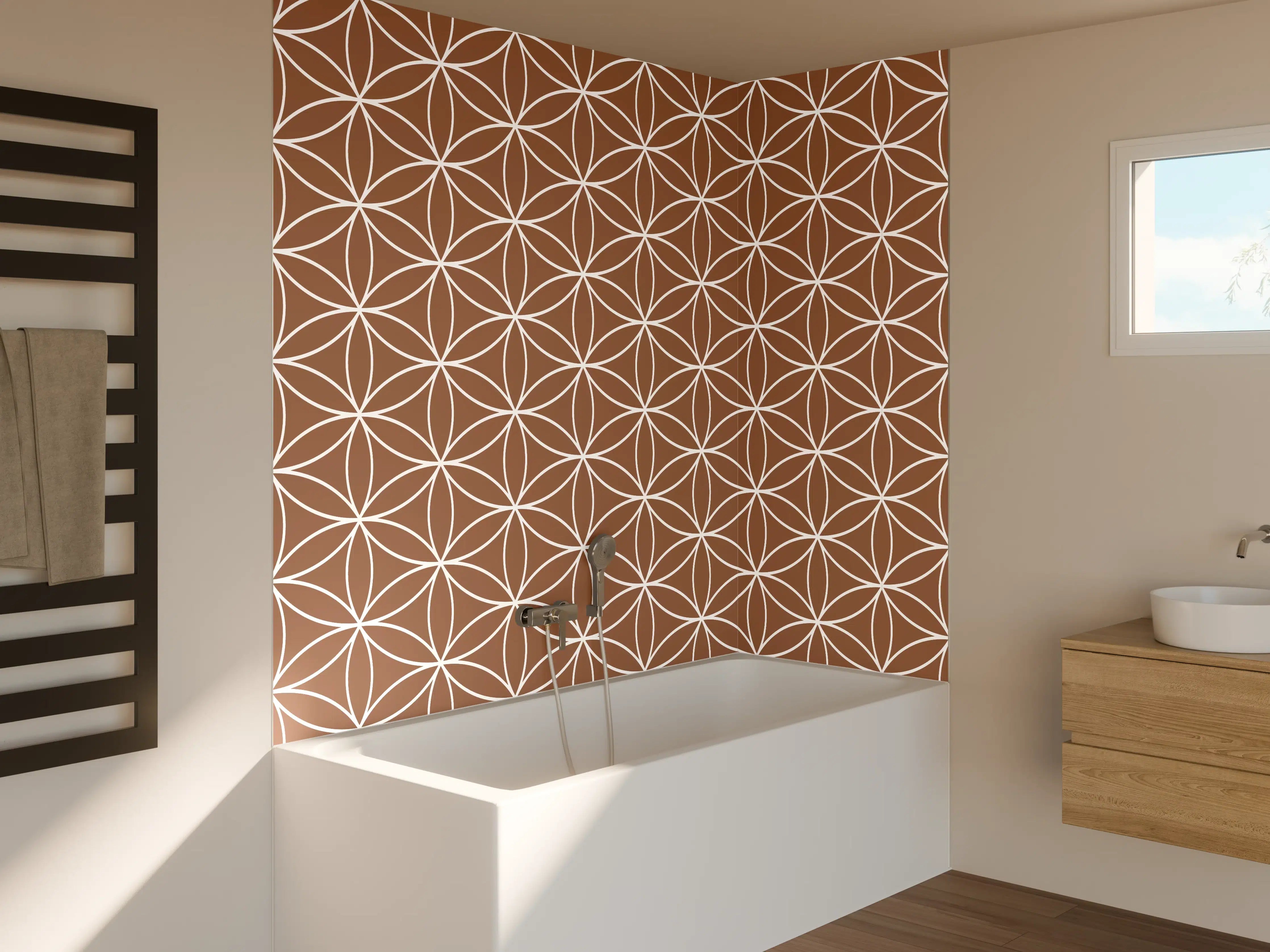 Badewannen-Rückwand - Moderne Bodenfliesen mit geometrischem Muster in Erdtönen