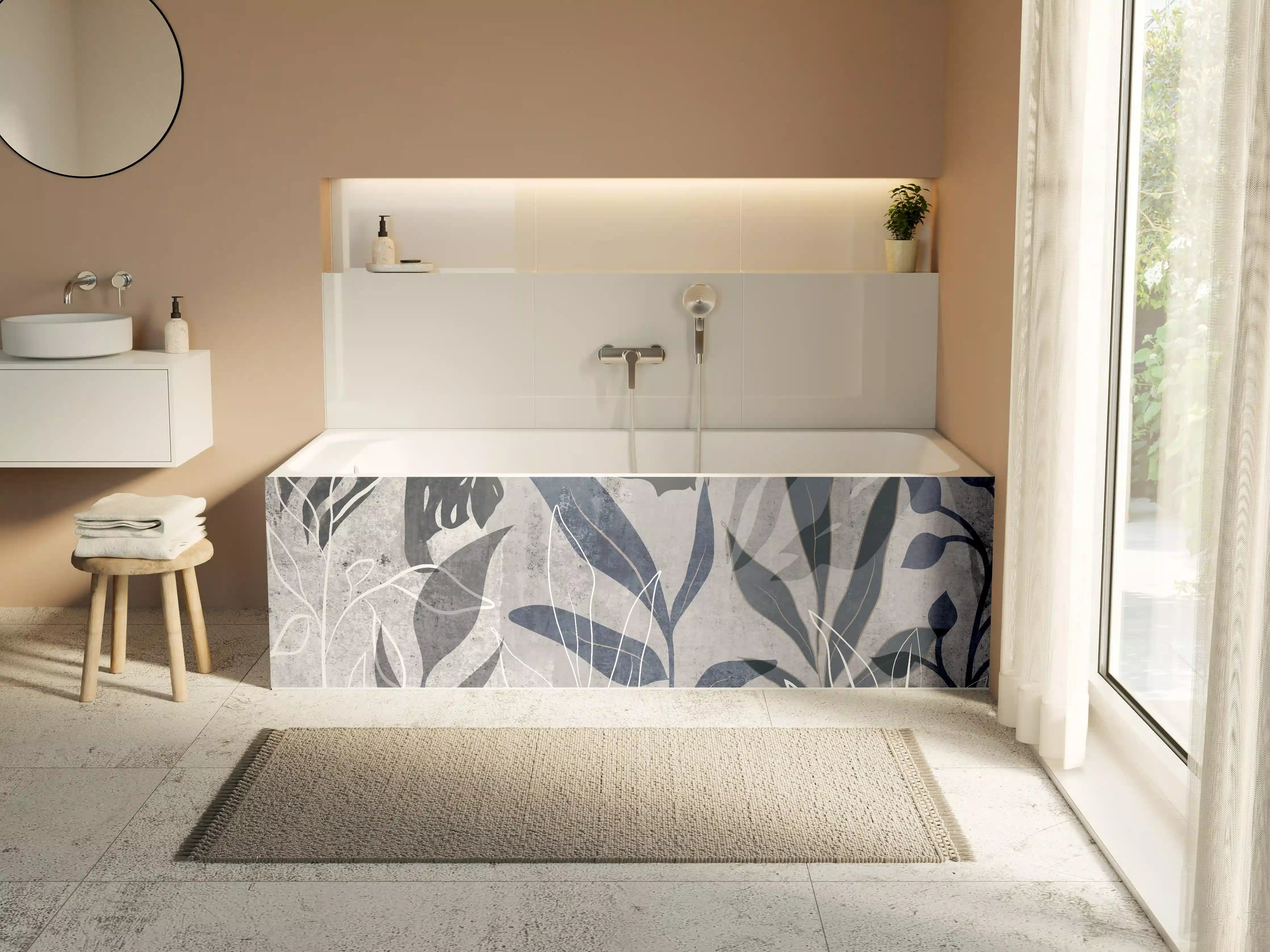 Badewannen-Rückwand - Moderne Botanik Grau-Weiß