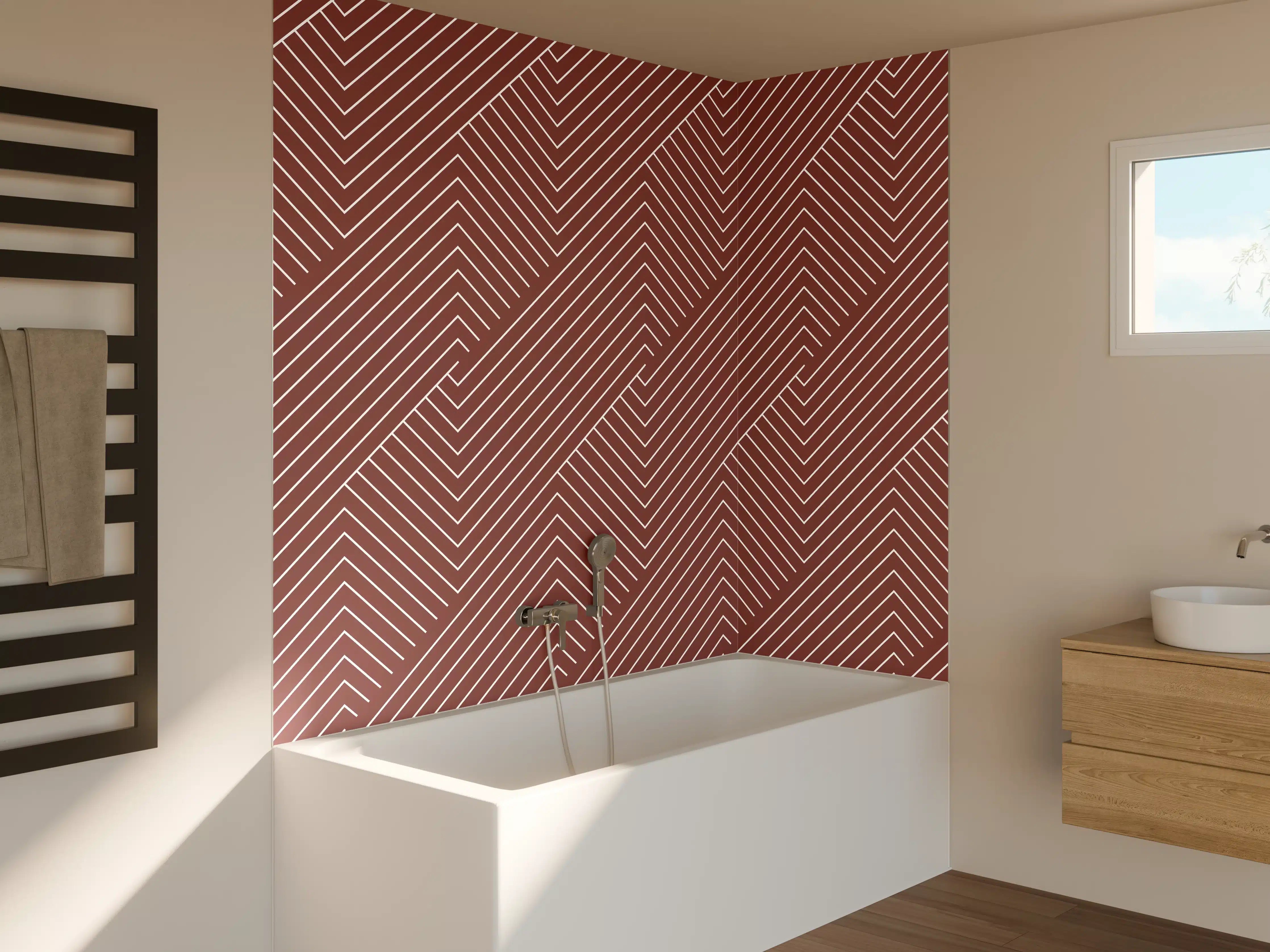 Badewannen-Rückwand - Moderne Farbkombination mit Rot und Beige