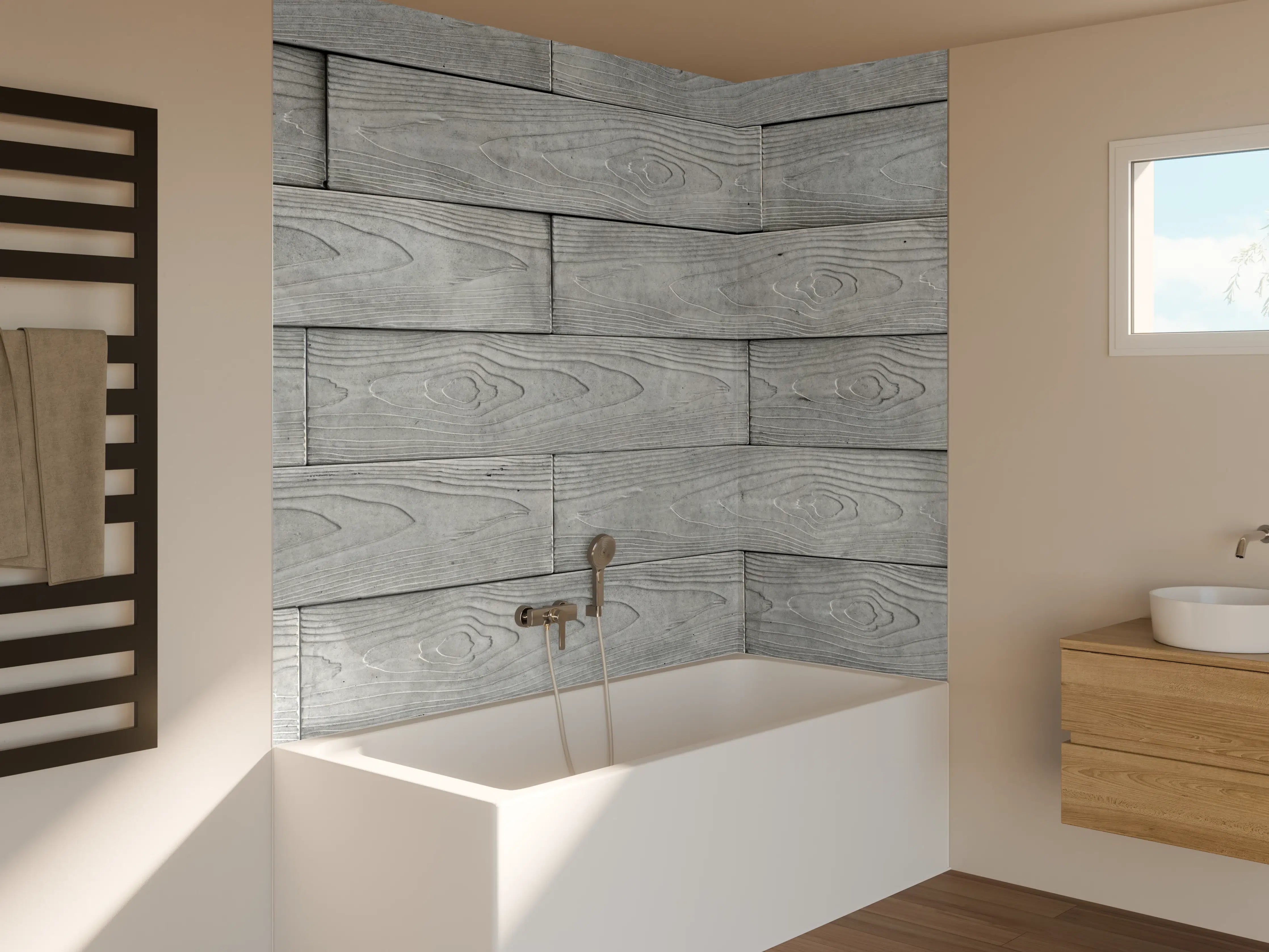Badewannen-Rückwand - Moderne Grau-Weiße Holztextur