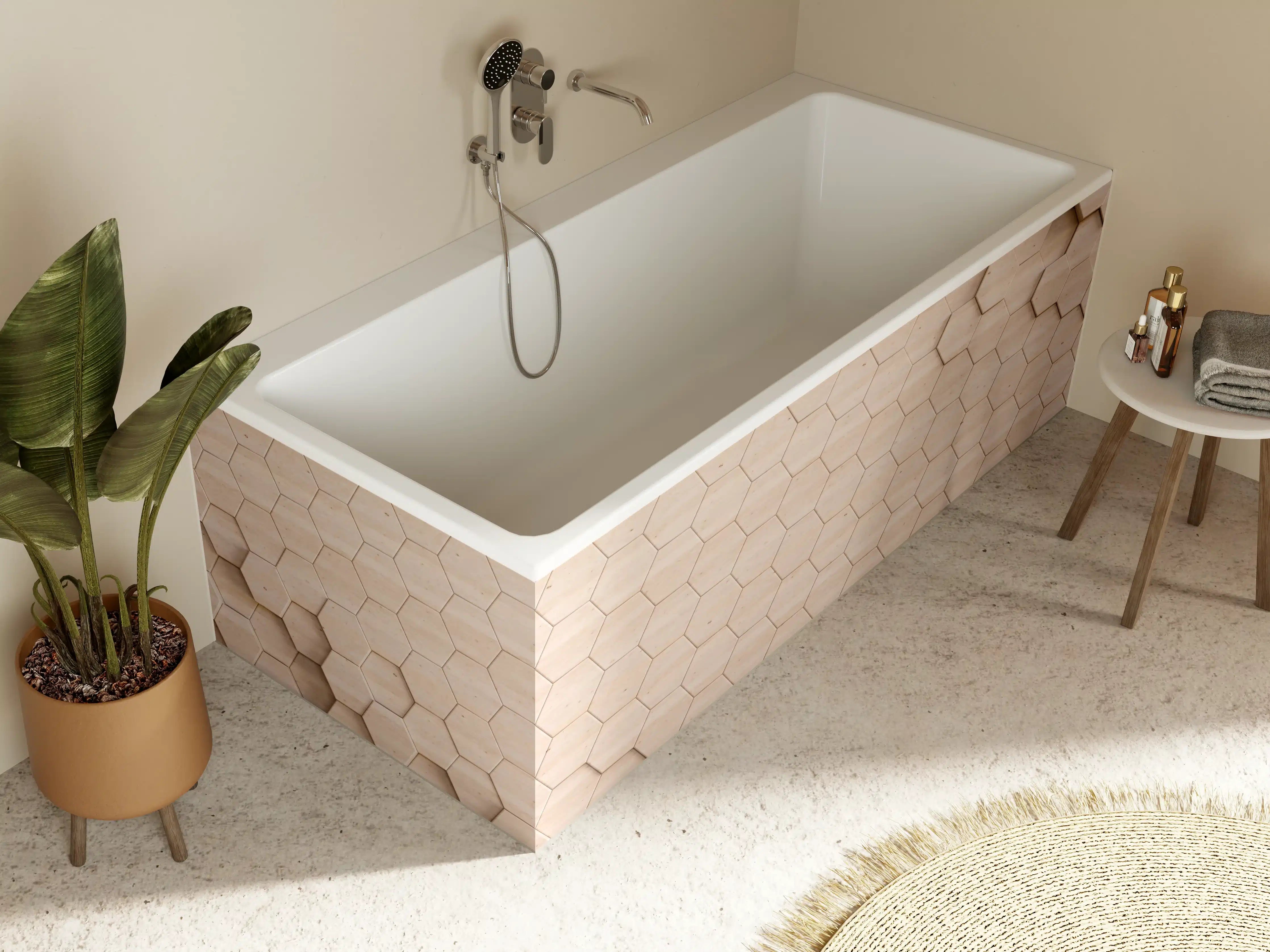 Badewannen-Rückwand - Moderne Holzwand mit Hexagon-Design in Nude-Tönen