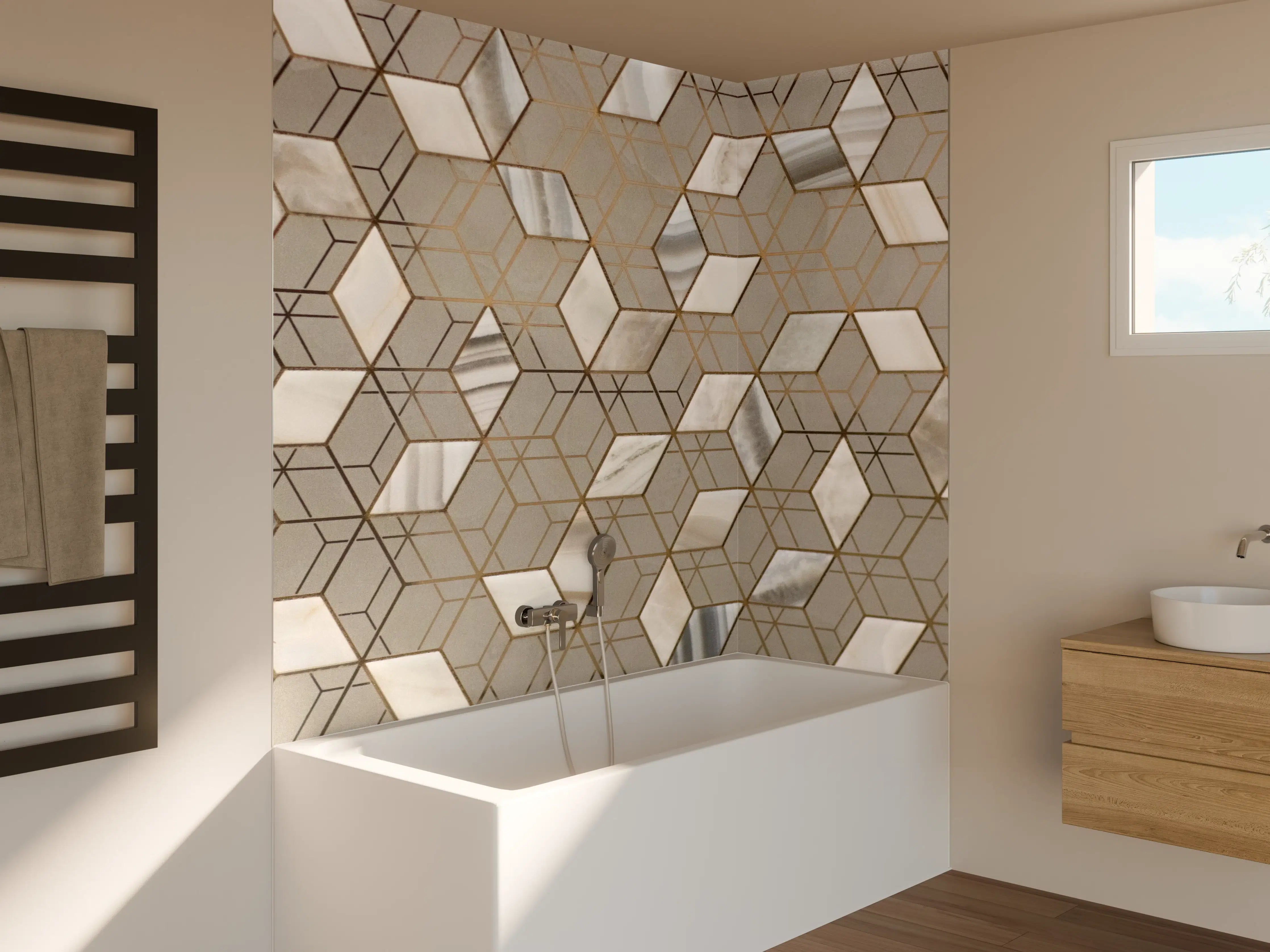 Badewannen-Rückwand - Moderne Mosaik-Fliesen mit neutralen Tönen