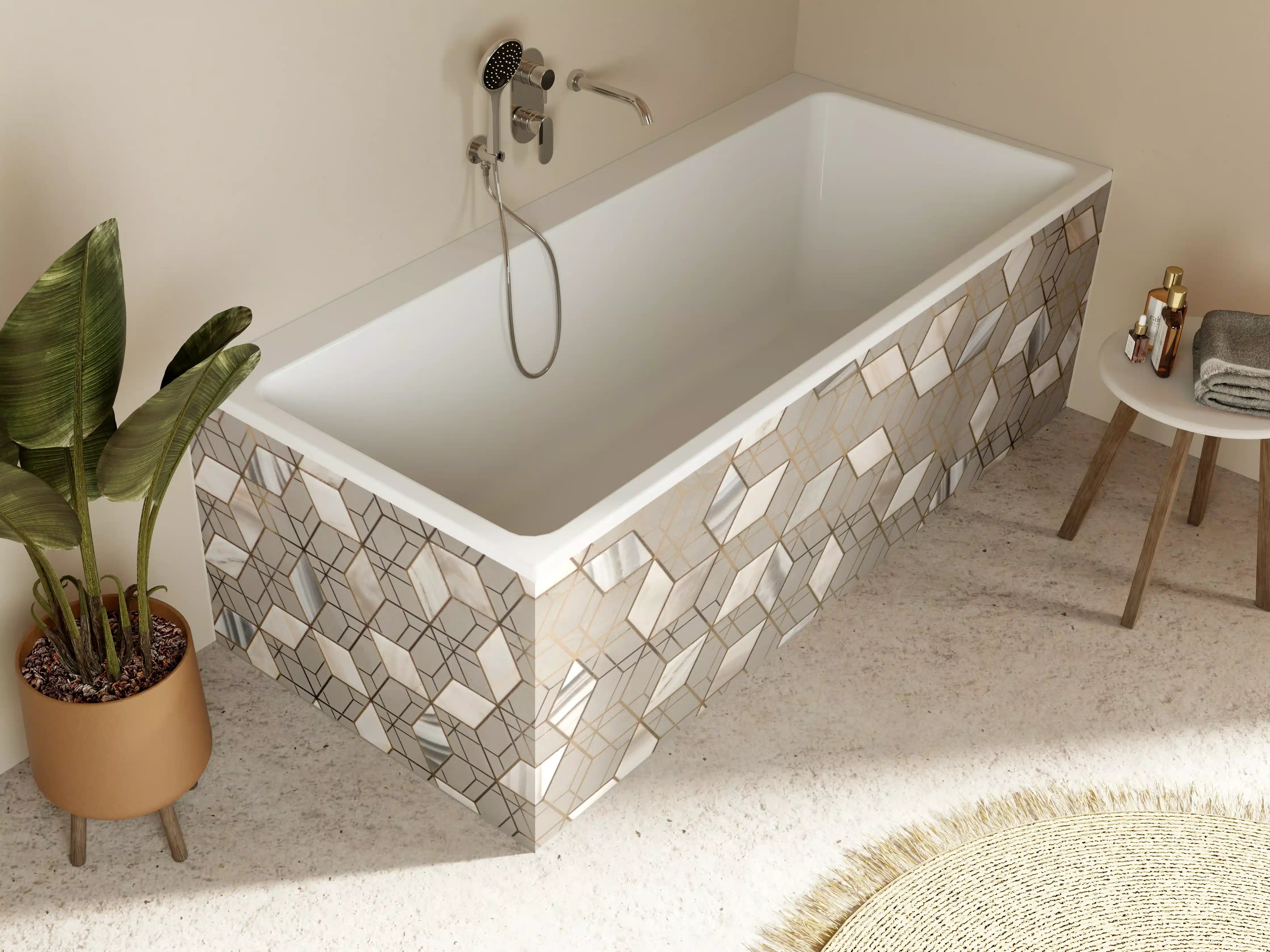 Badewannen-Rückwand - Moderne Mosaik-Fliesen mit neutralen Tönen