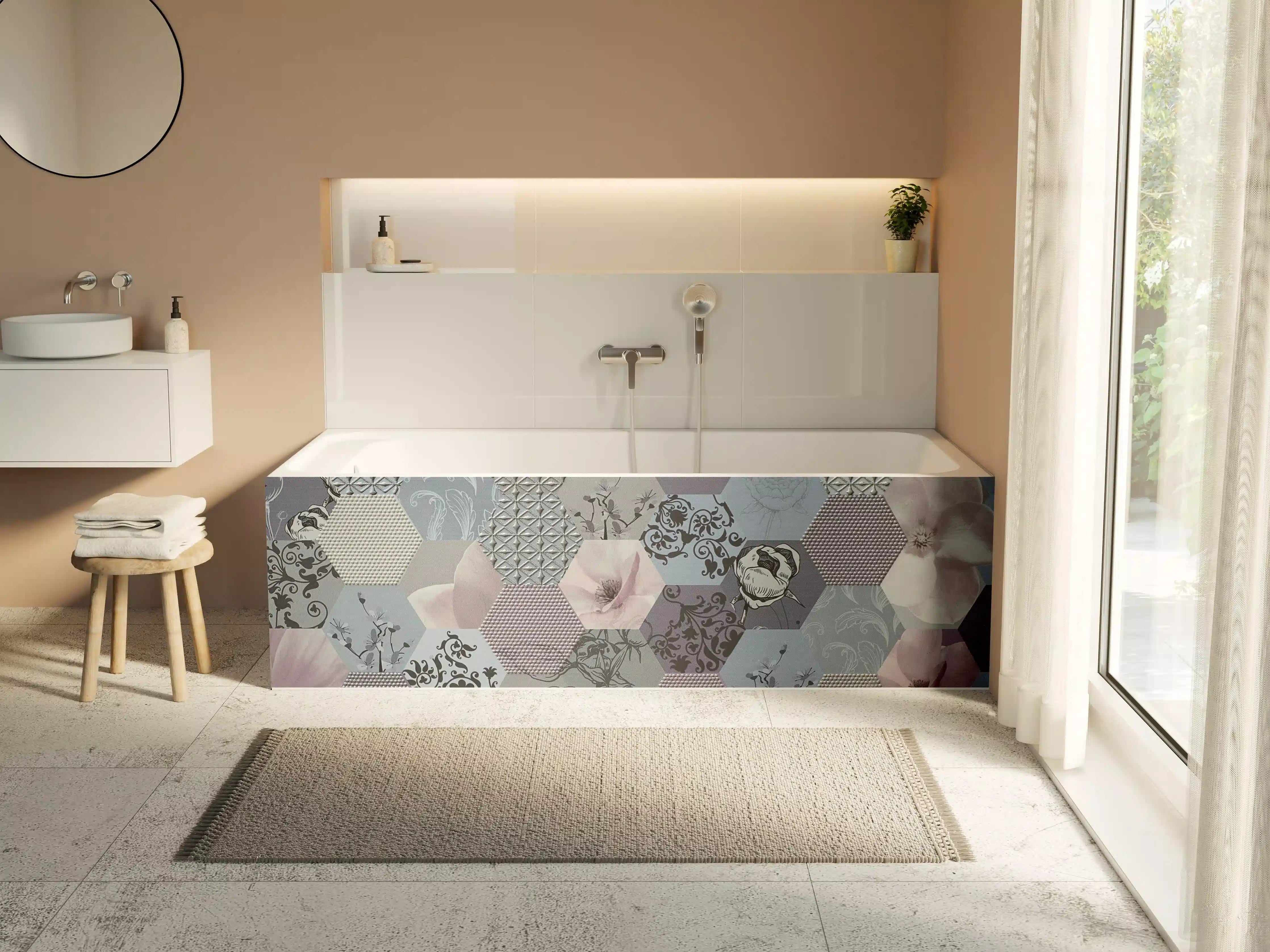 Badewannen-Rückwand - Moderne Mustertapete in gedeckten Tönen