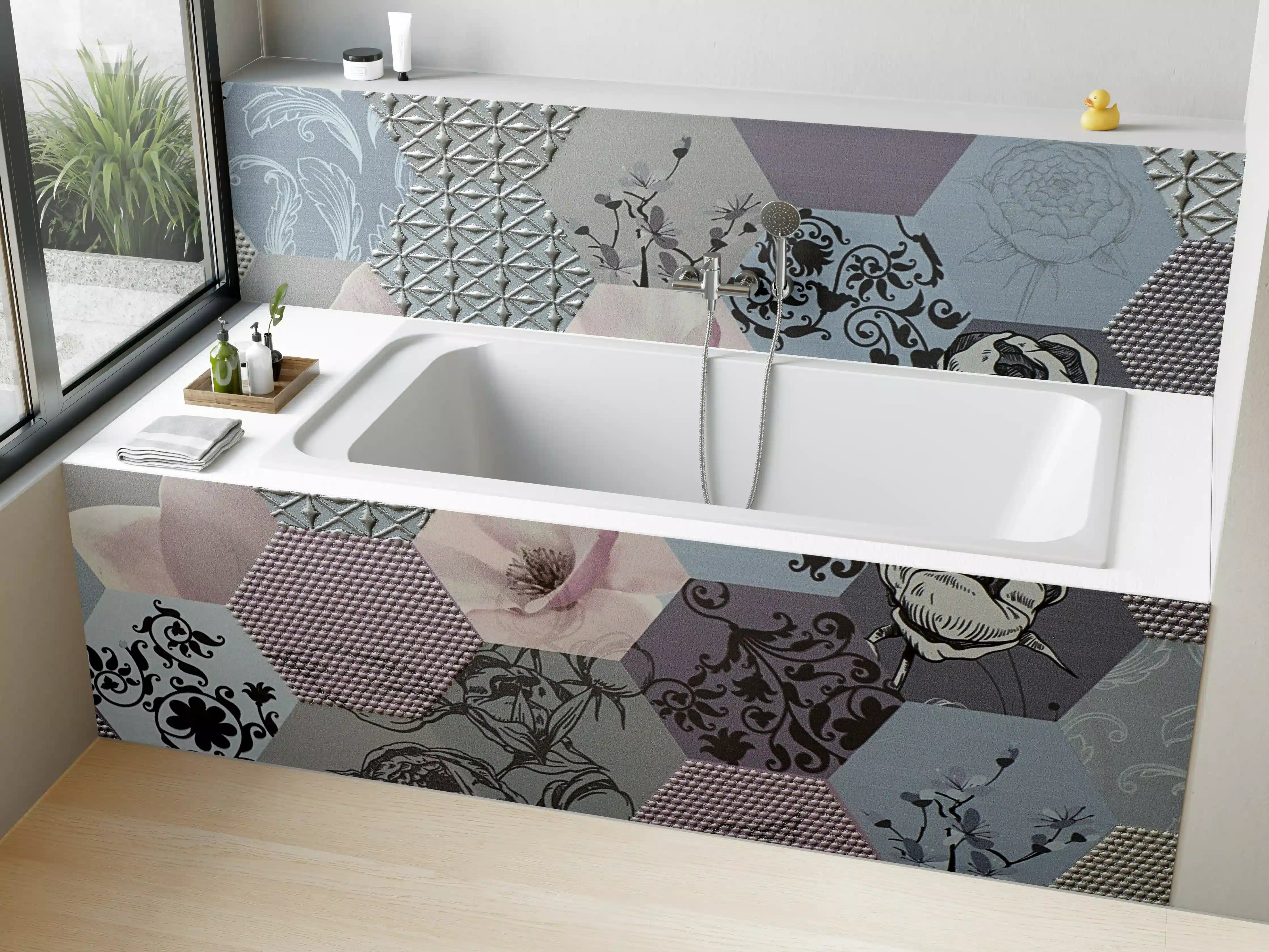 Badewannen-Rückwand - Moderne Mustertapete in gedeckten Tönen