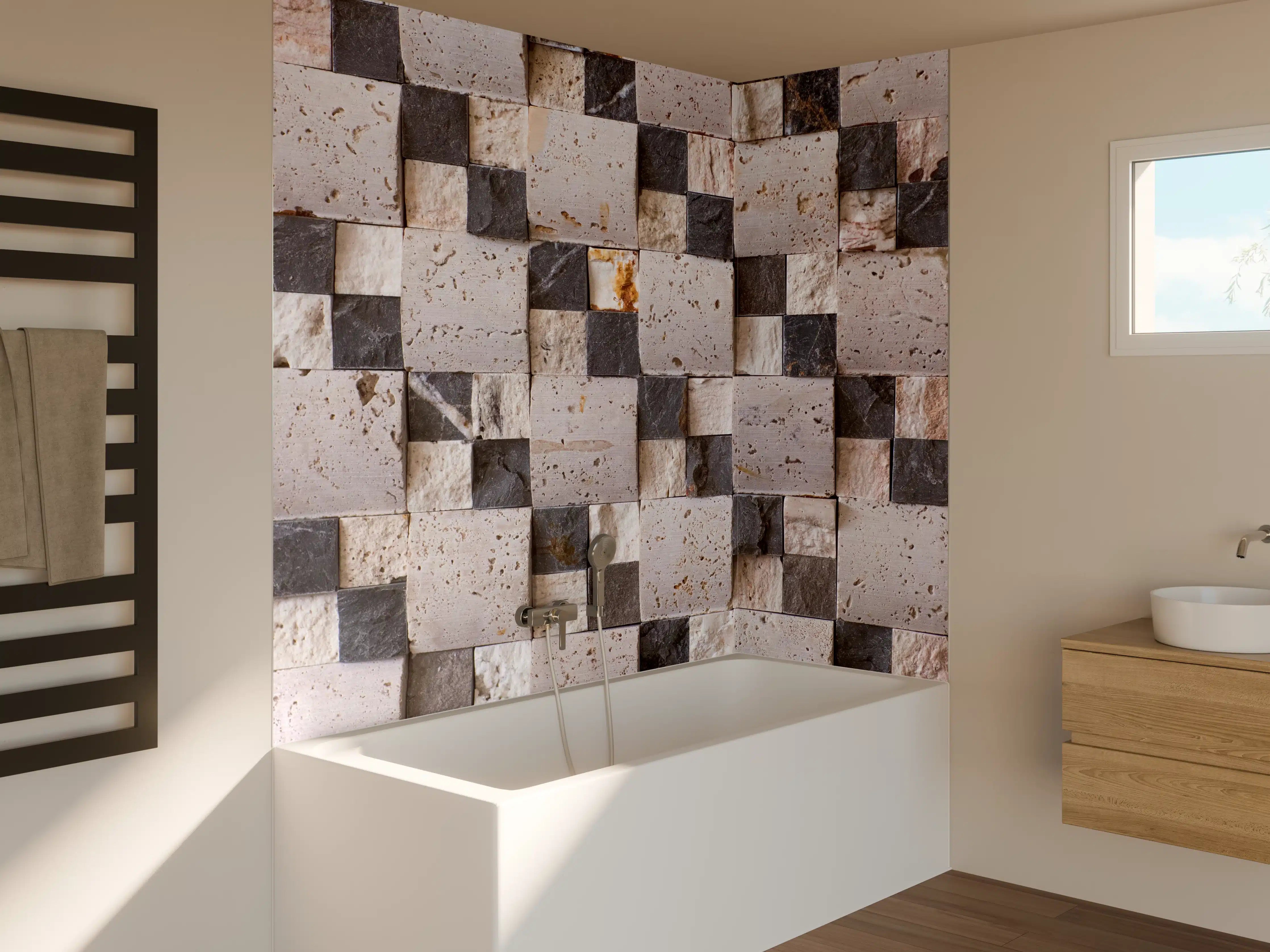 Badewannen-Rückwand - Moderne Wandgestaltung mit Mauersteinen in Grau und Beige