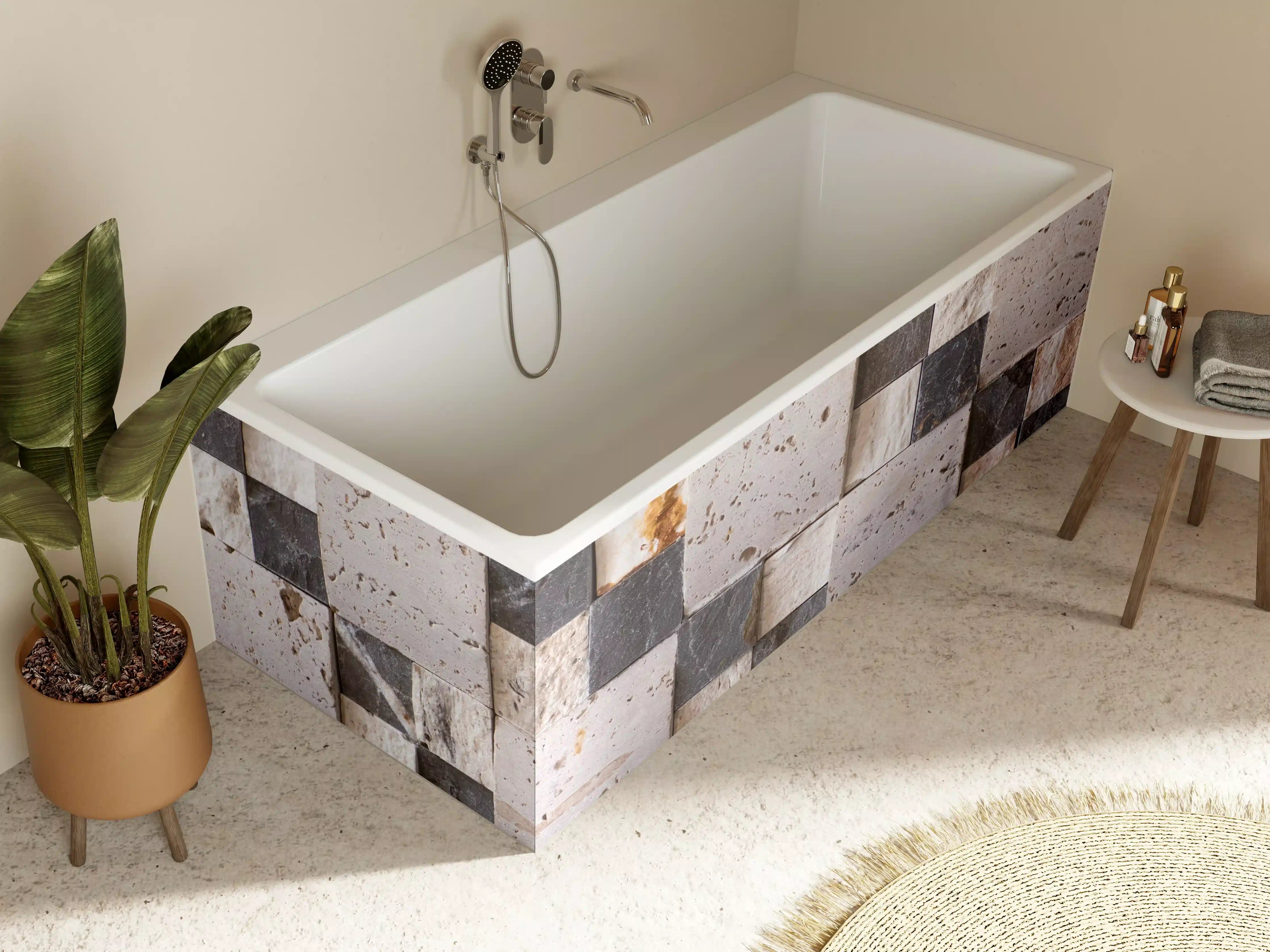 Badewannen-Rückwand - Moderne Wandgestaltung mit Mauersteinen in Grau und Beige