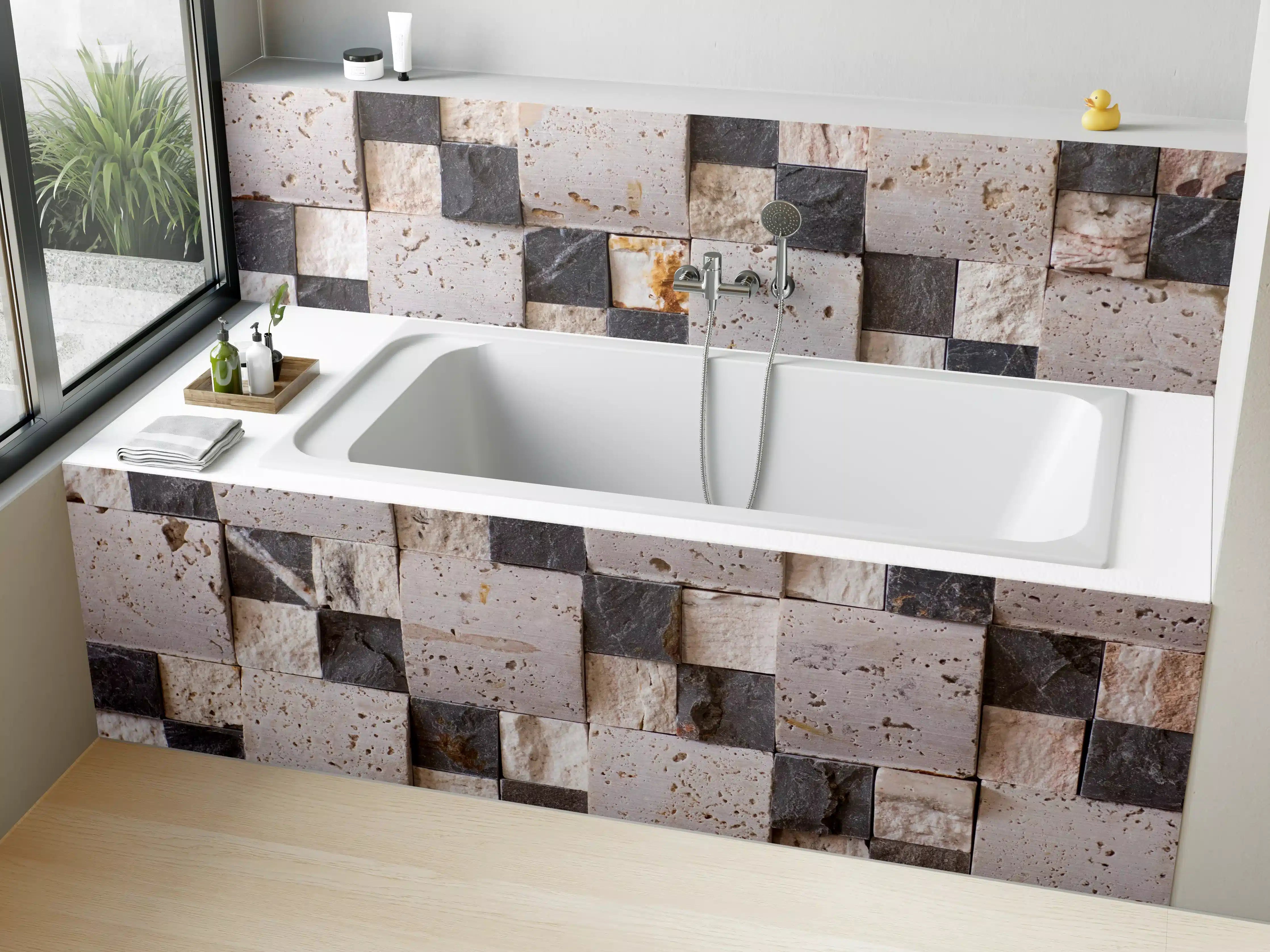 Badewannen-Rückwand - Moderne Wandgestaltung mit Mauersteinen in Grau und Beige