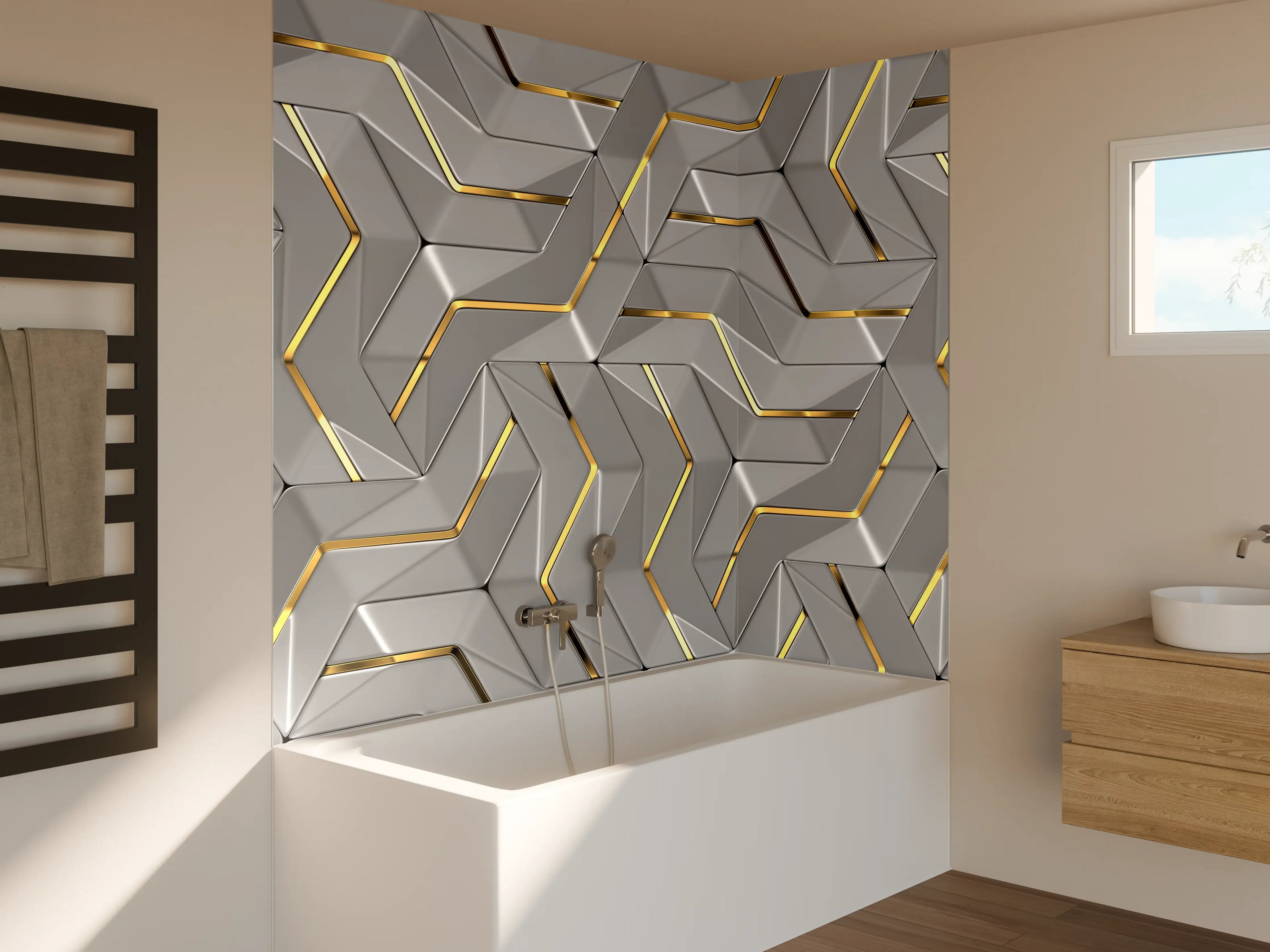 Badewannen-Rückwand - Moderne Wandtextur - Gold Akzente