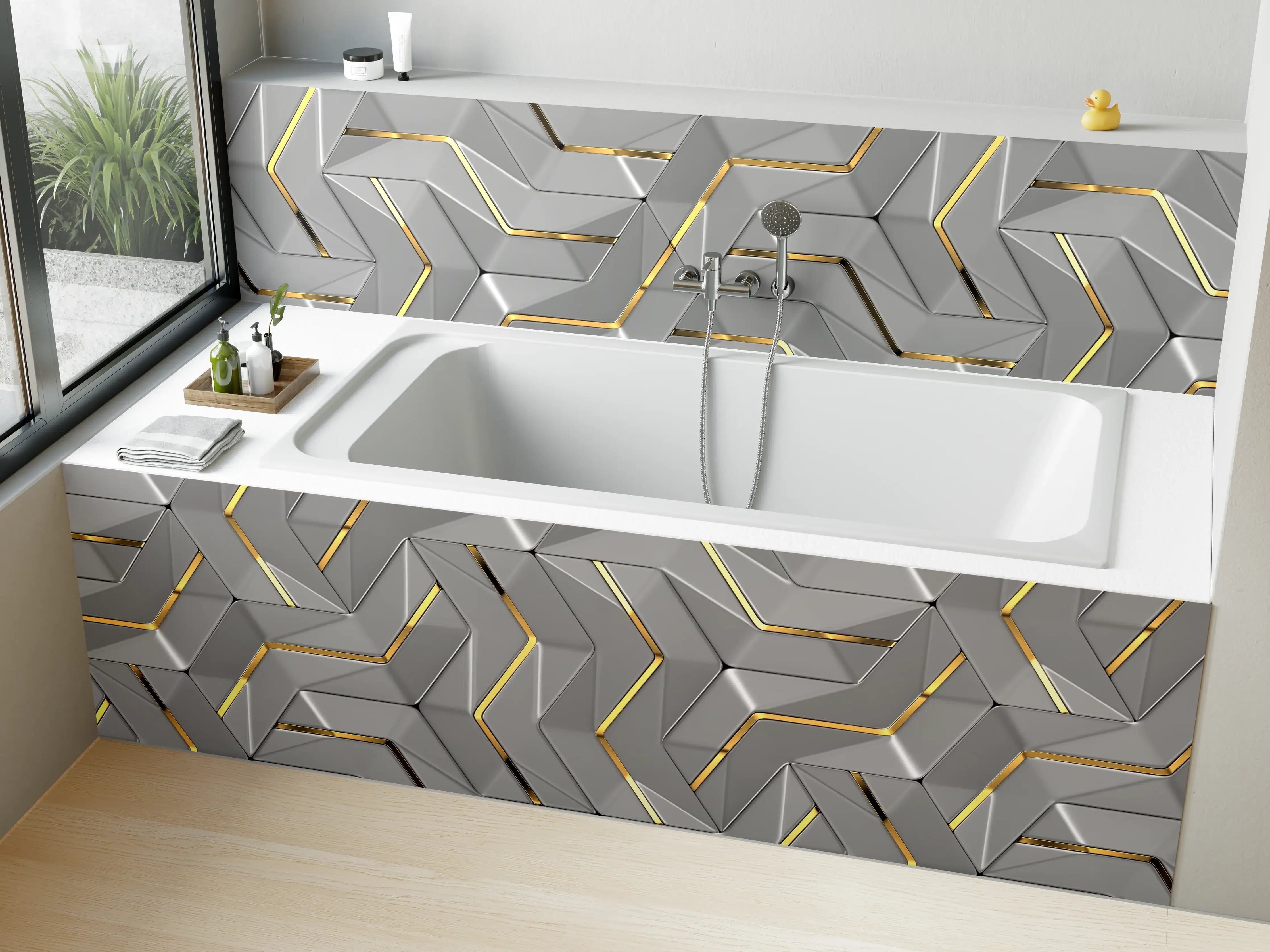 Badewannen-Rückwand - Moderne Wandtextur - Gold Akzente