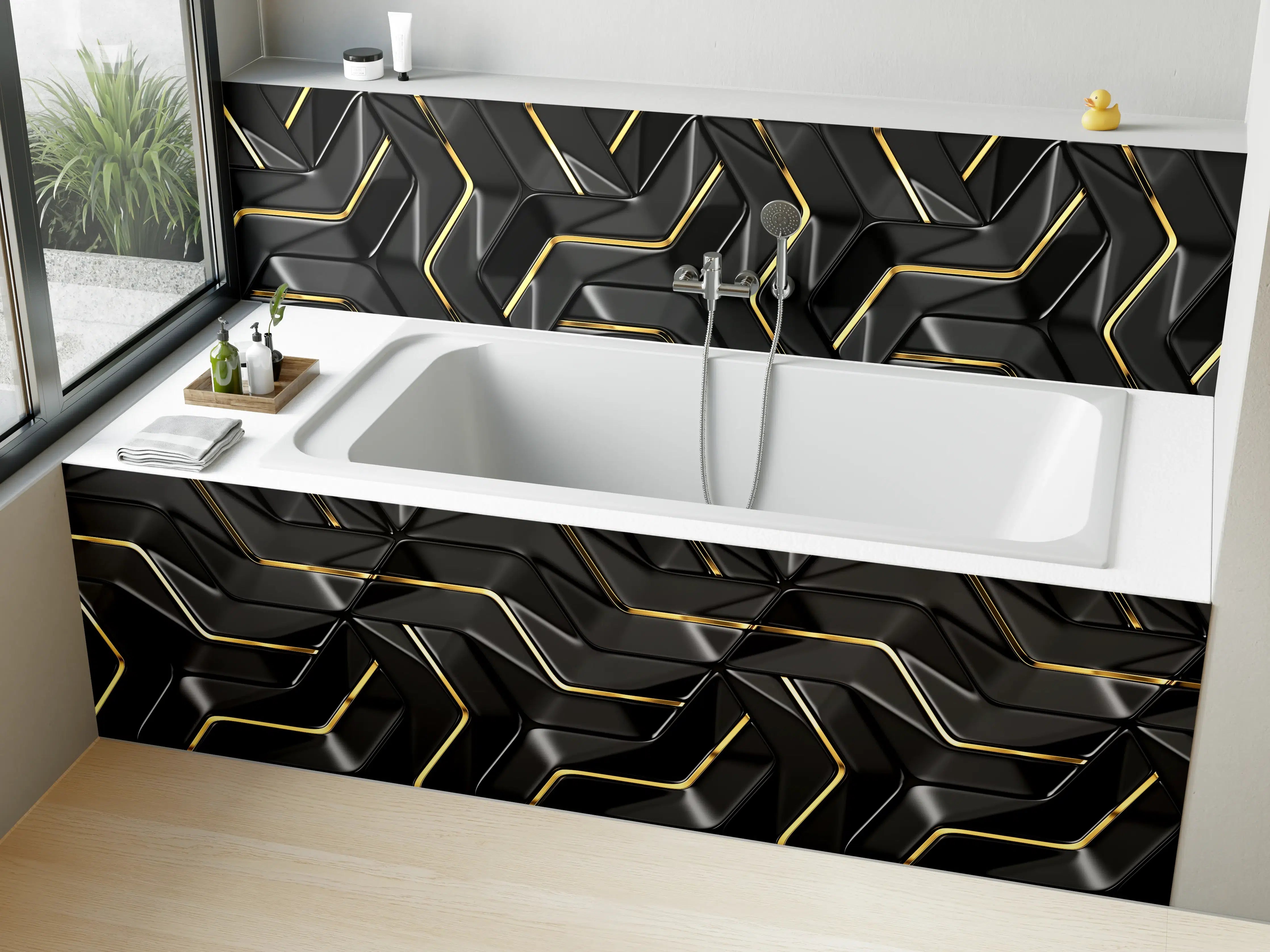 Badewannen-Rückwand - Moderne Wandtextur - schwarz-gold