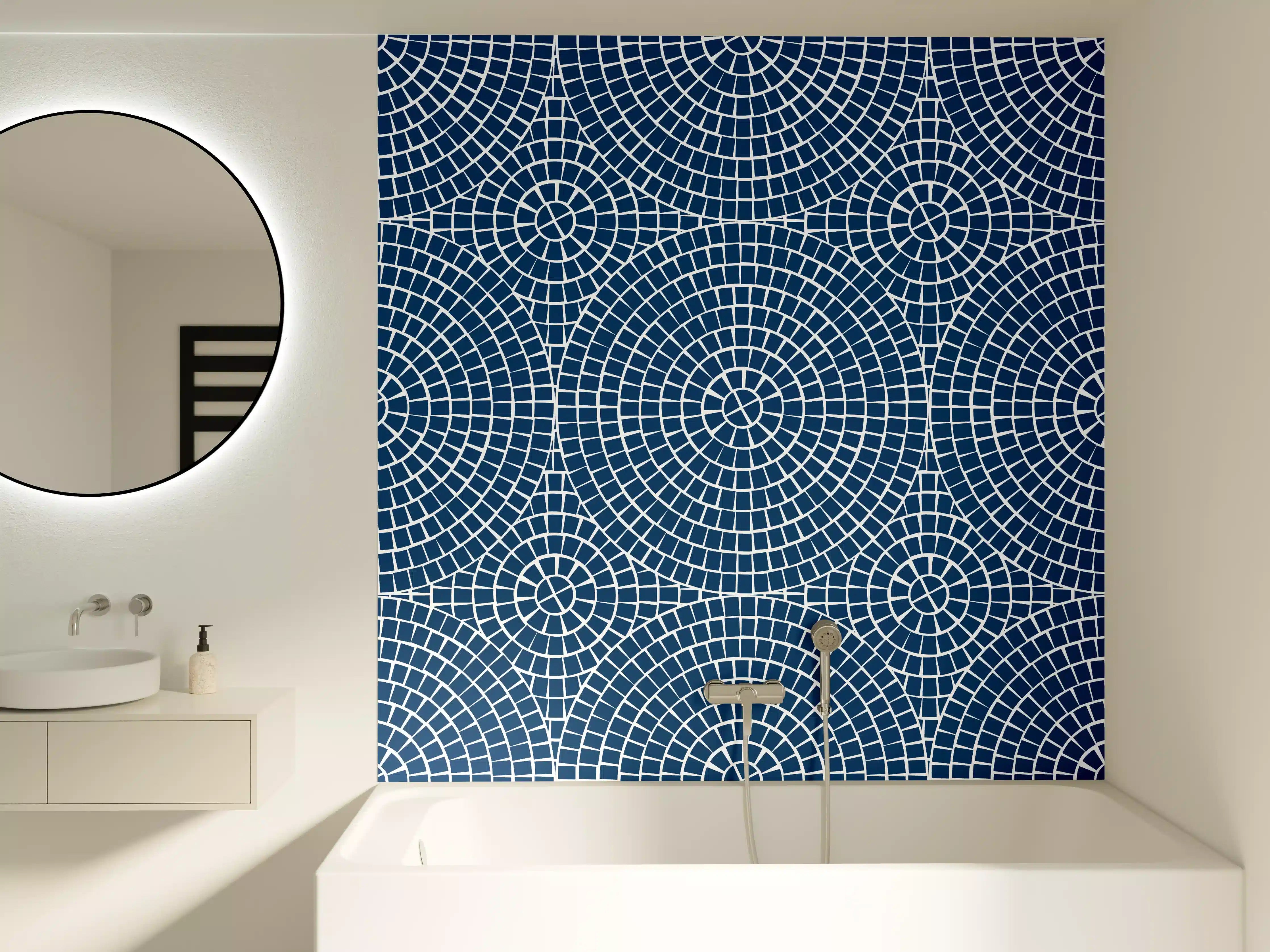 Badewannen-Rückwand - Moderne blaue Geometrie mit Kreismustern