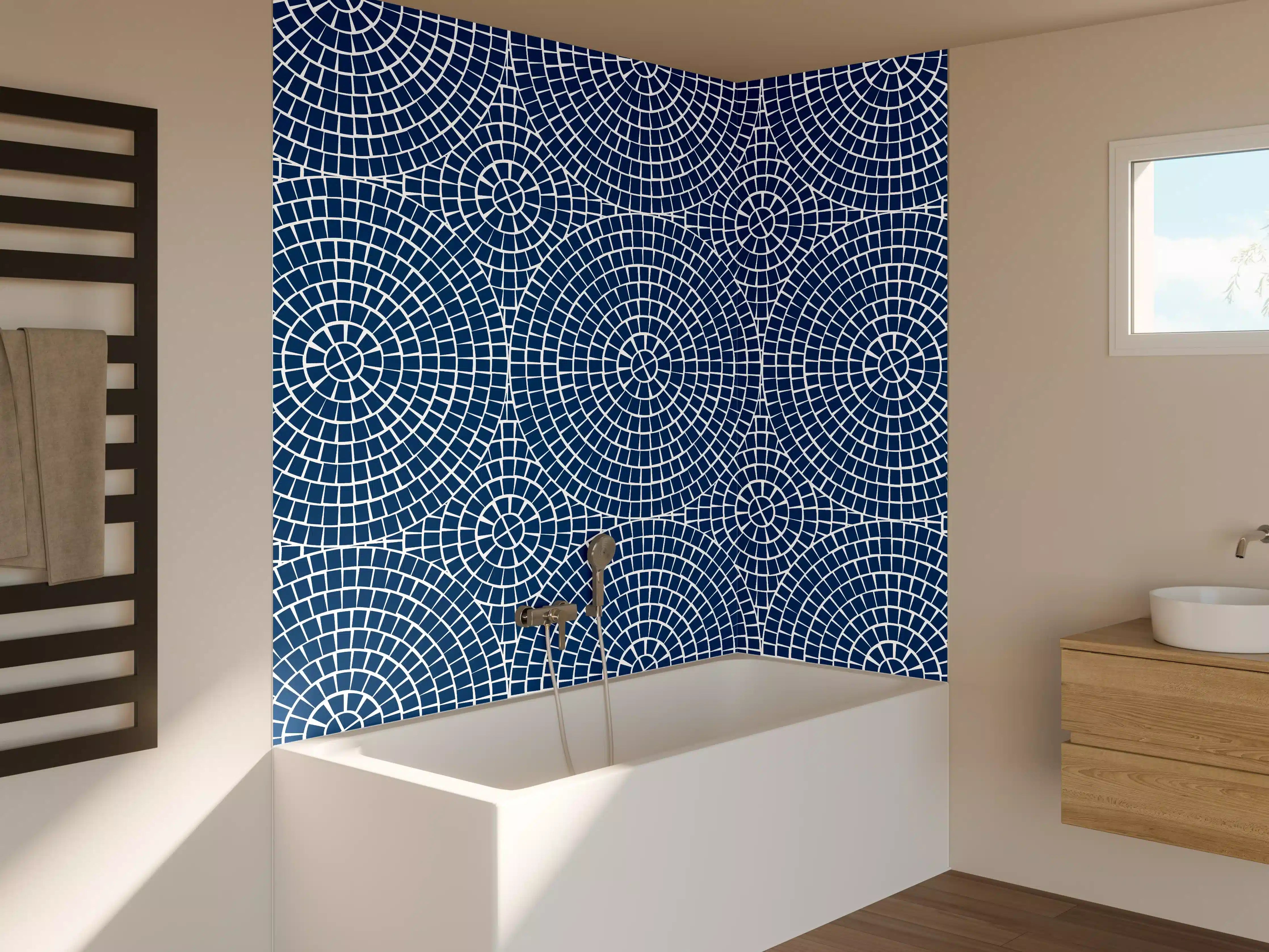 Badewannen-Rückwand - Moderne blaue Geometrie mit Kreismustern